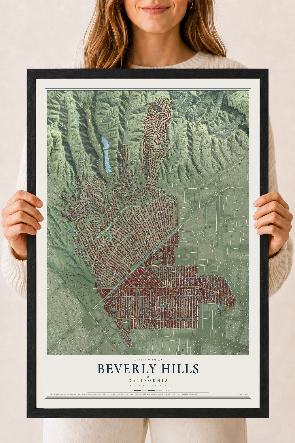 Map of Beverly Hills, California, 18 x 24 inch print in a black wood frame