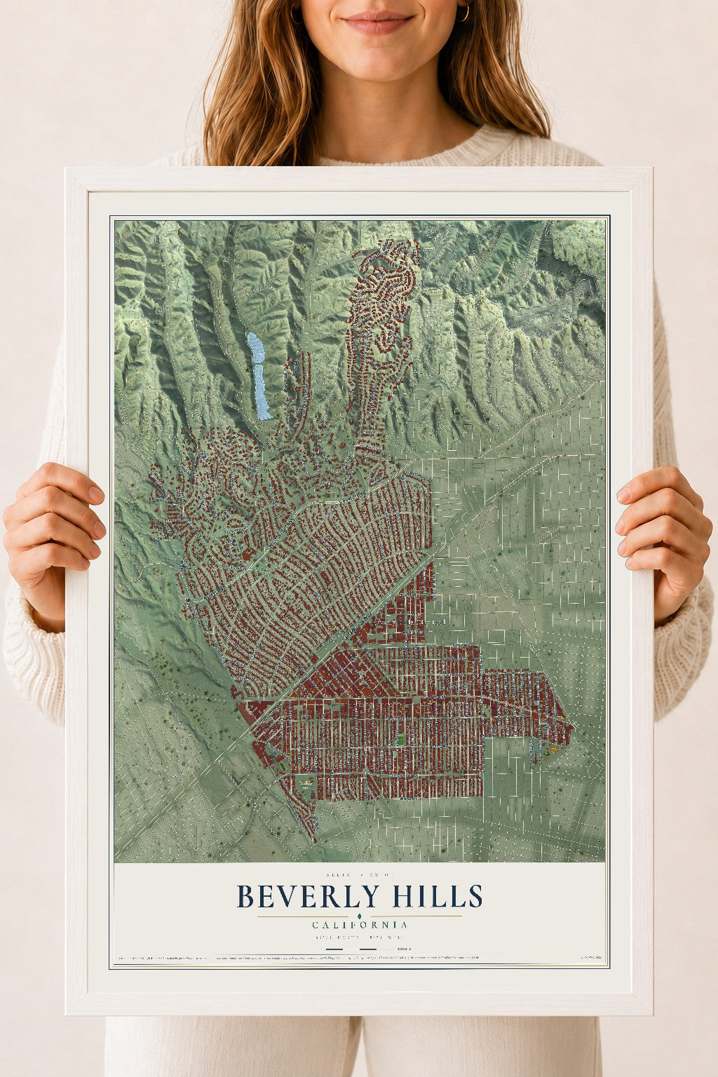 Map of Beverly Hills, California, 18 x 24 inch print in a white wood frame
