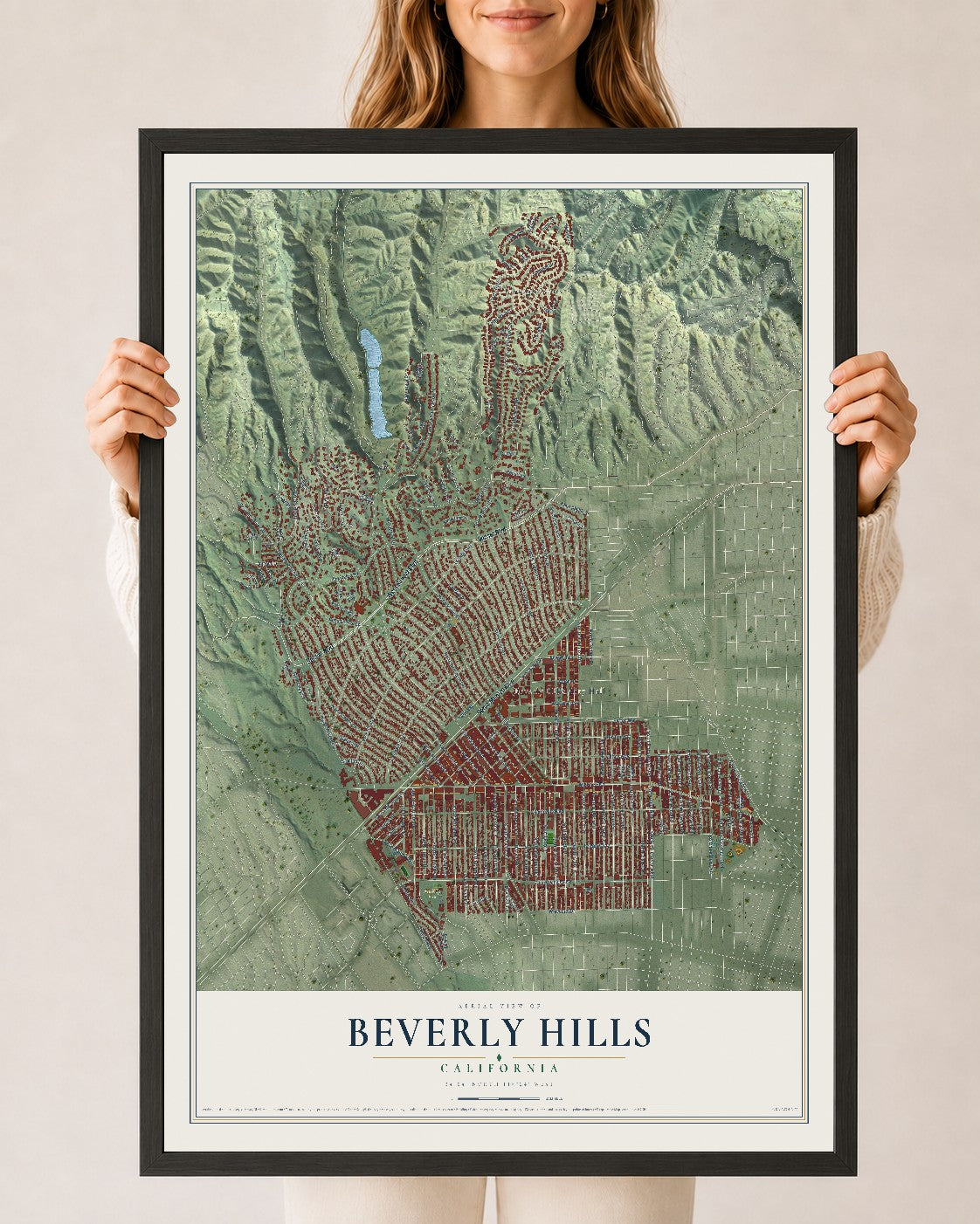 Map of Beverly Hills, California, 24 x 36 inch print in a black wood frame