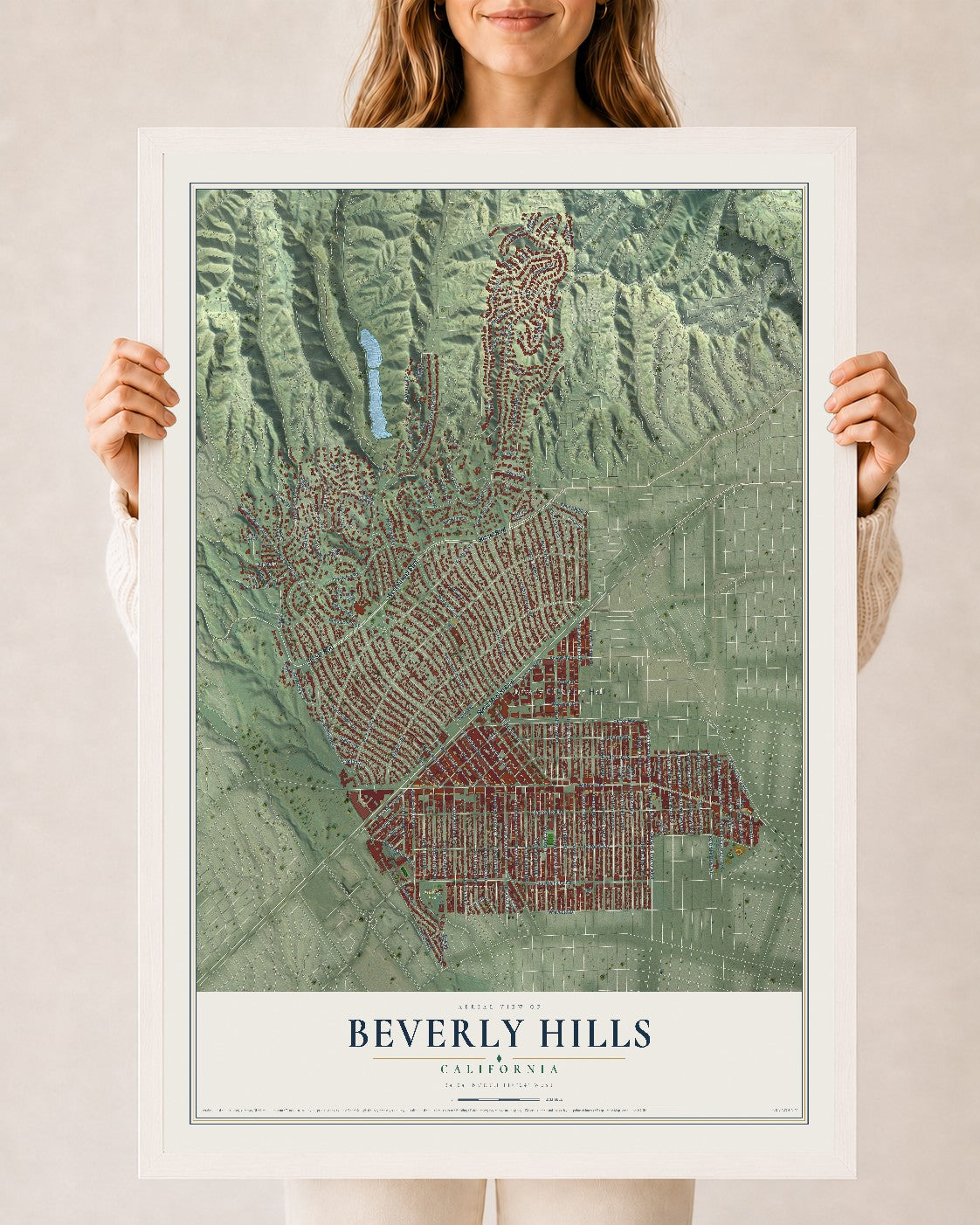 Map of Beverly Hills, California, 24 x 36 inch print in a white wood frame