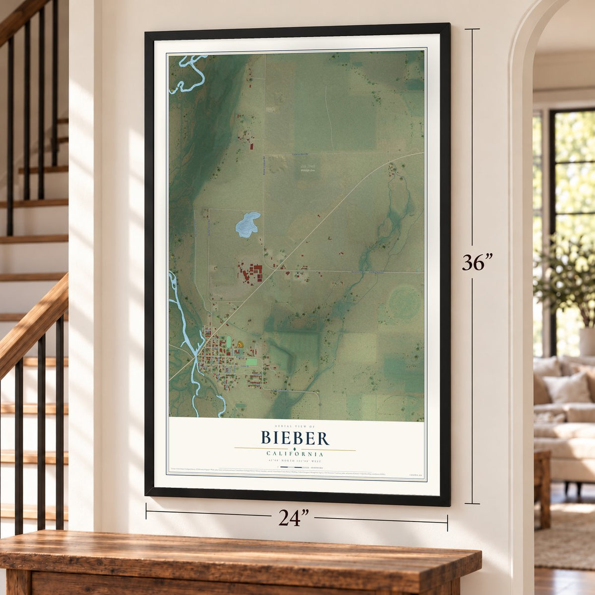 Bieber, California map, 24 x 36 inch print in a black frame by a staircase