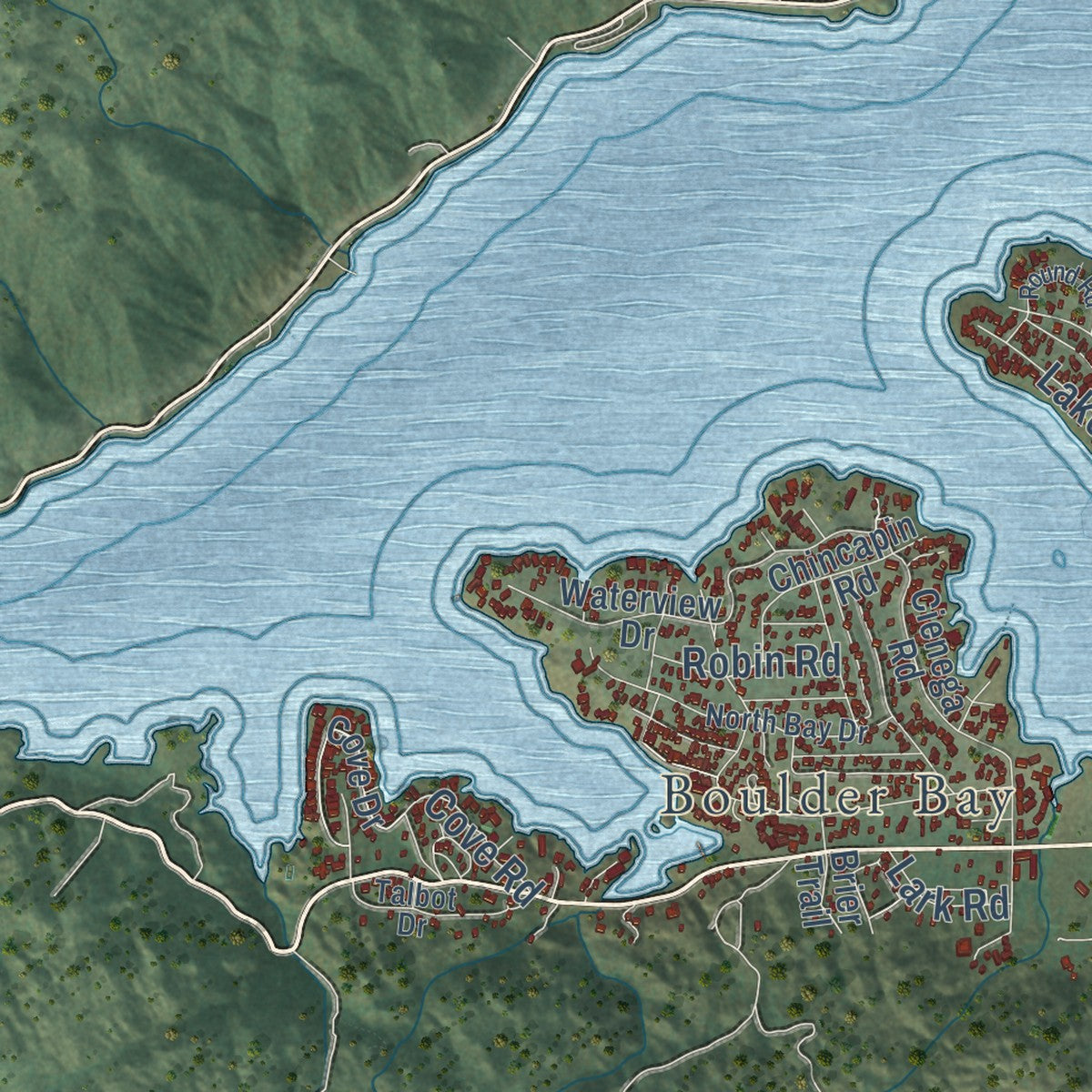 Second close-up of the map of Big Bear Lake, California print showing more streets and buildings