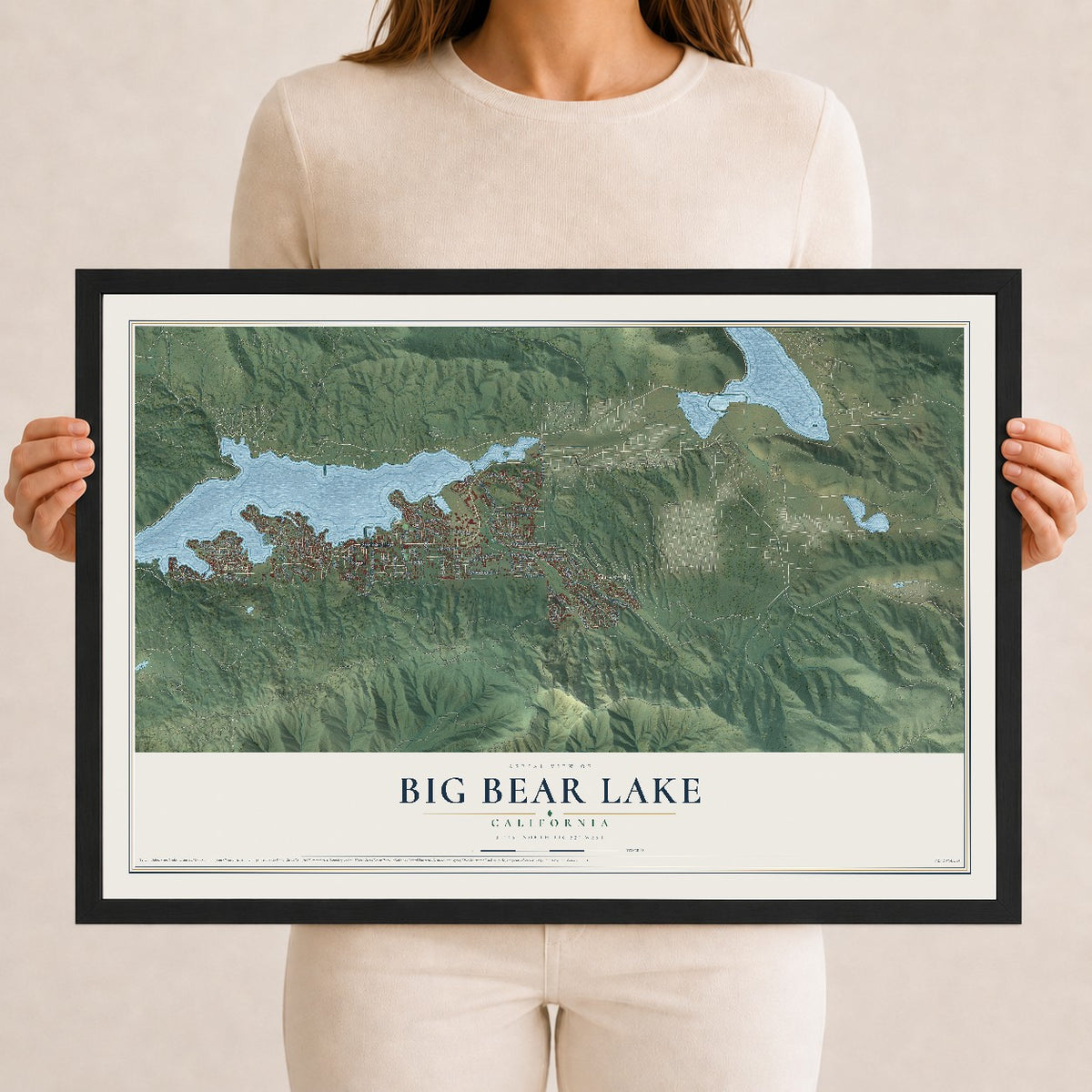 Map of Big Bear Lake, California, 12 x 18 inch print in a black wood frame