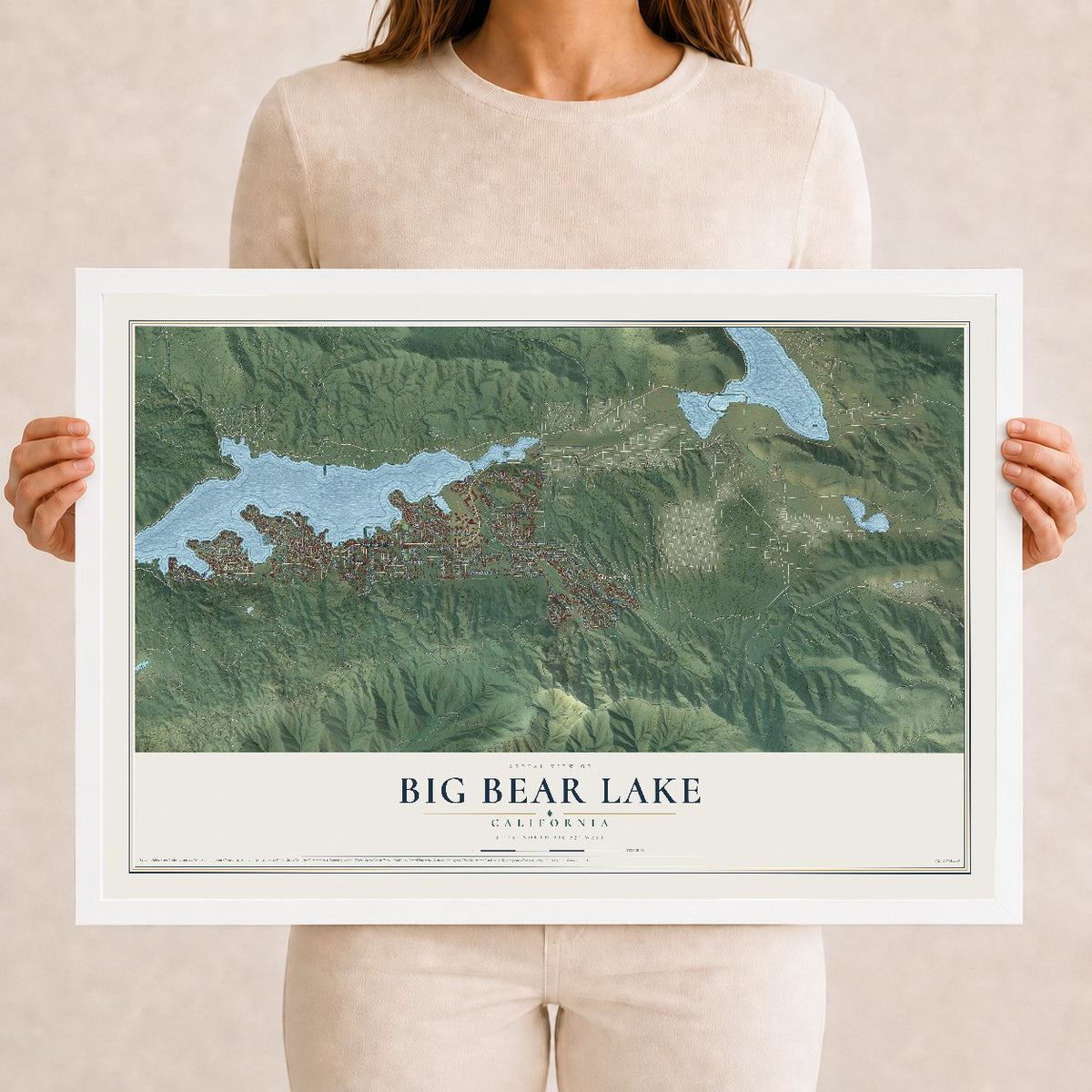 Map of Big Bear Lake, California, 12 x 18 inch print in a white wood frame