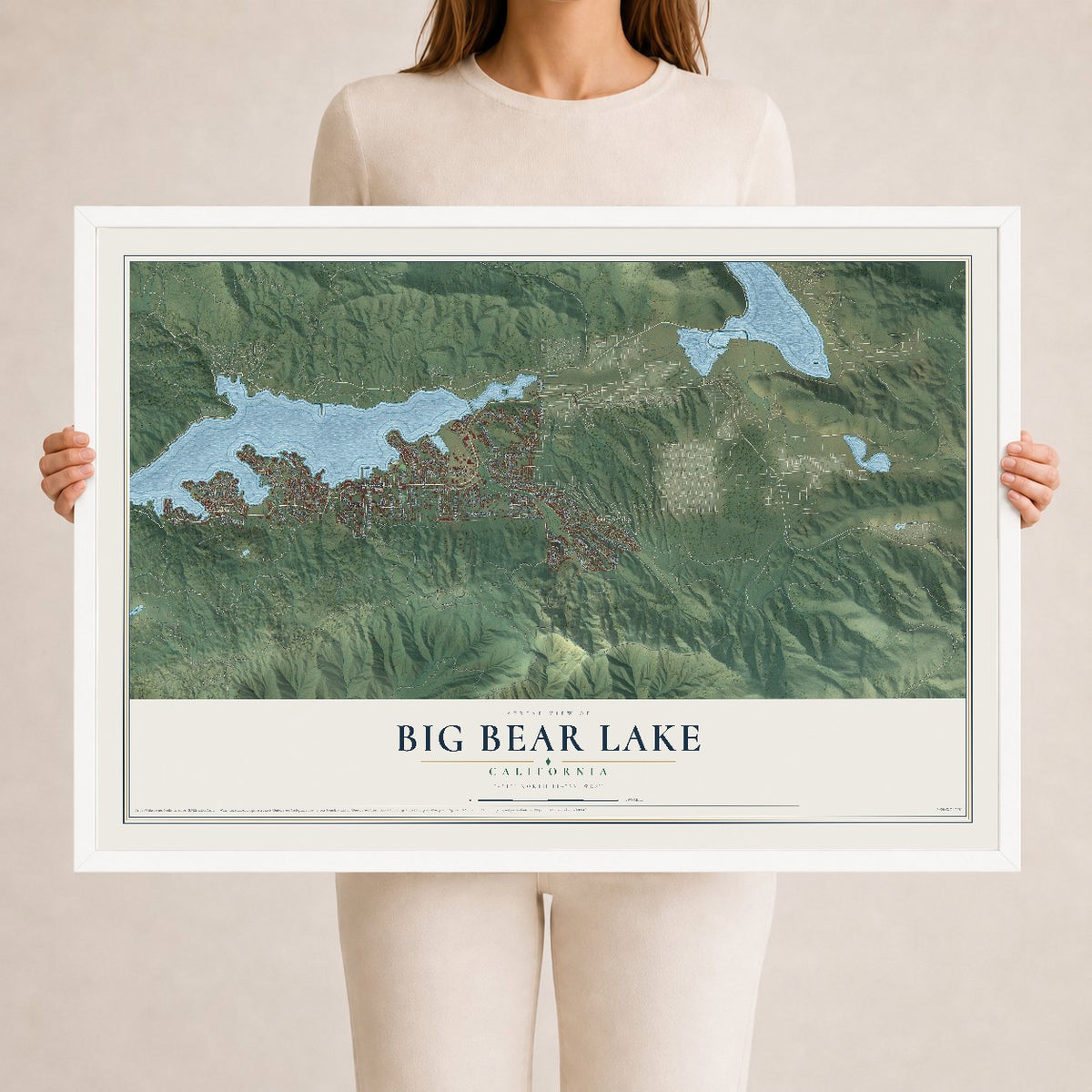 Map of Big Bear Lake, California, 24 x 36 inch print in a white wood frame