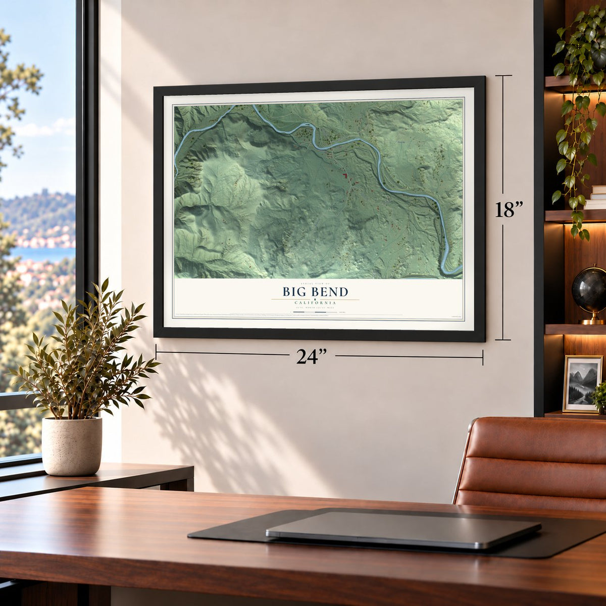 Big Bend, California map, 18 x 24 inch print in a black frame in a home office