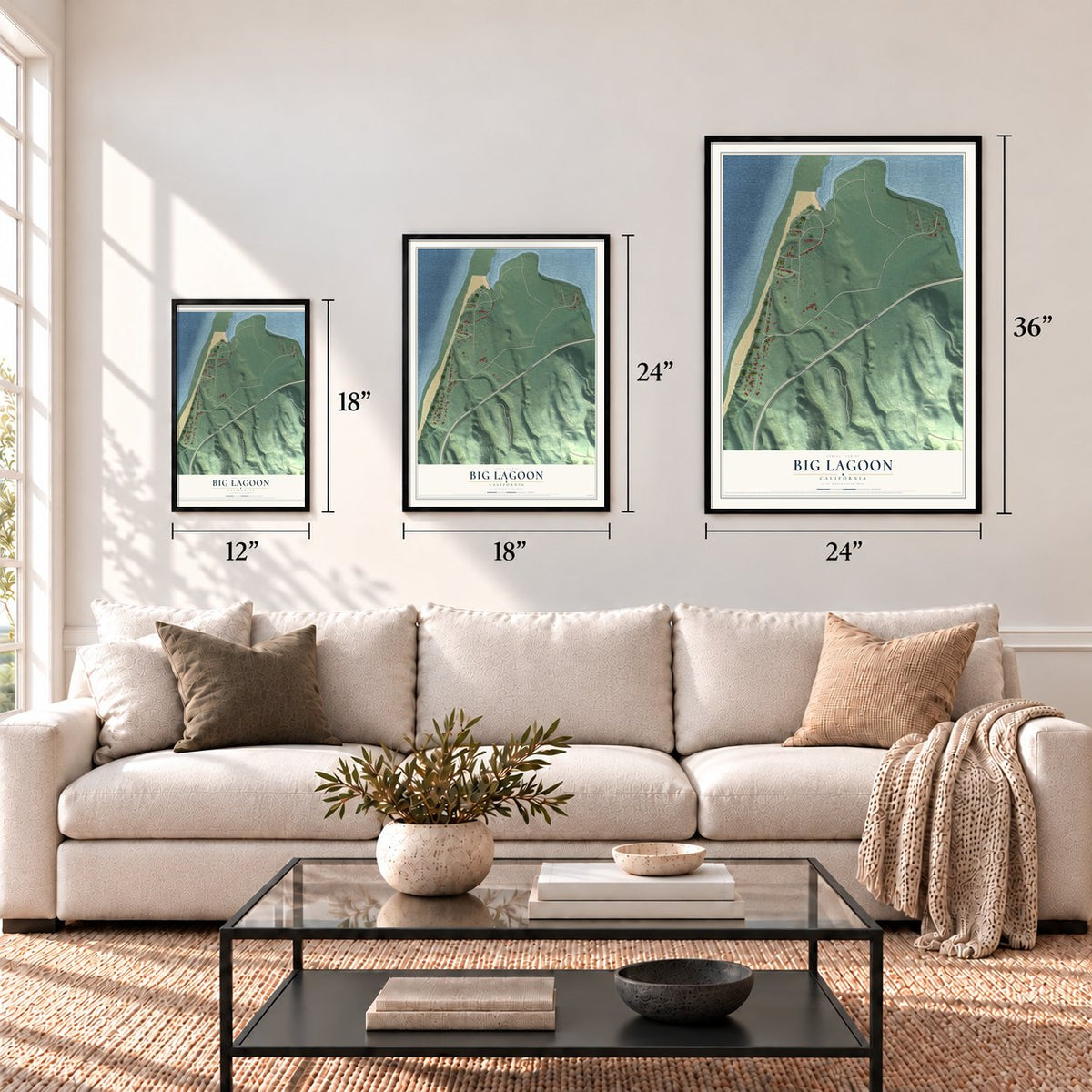 Big Lagoon, California map in 12 x 18, 18 x 24 and 24 x 36 inch sizes above a sofa