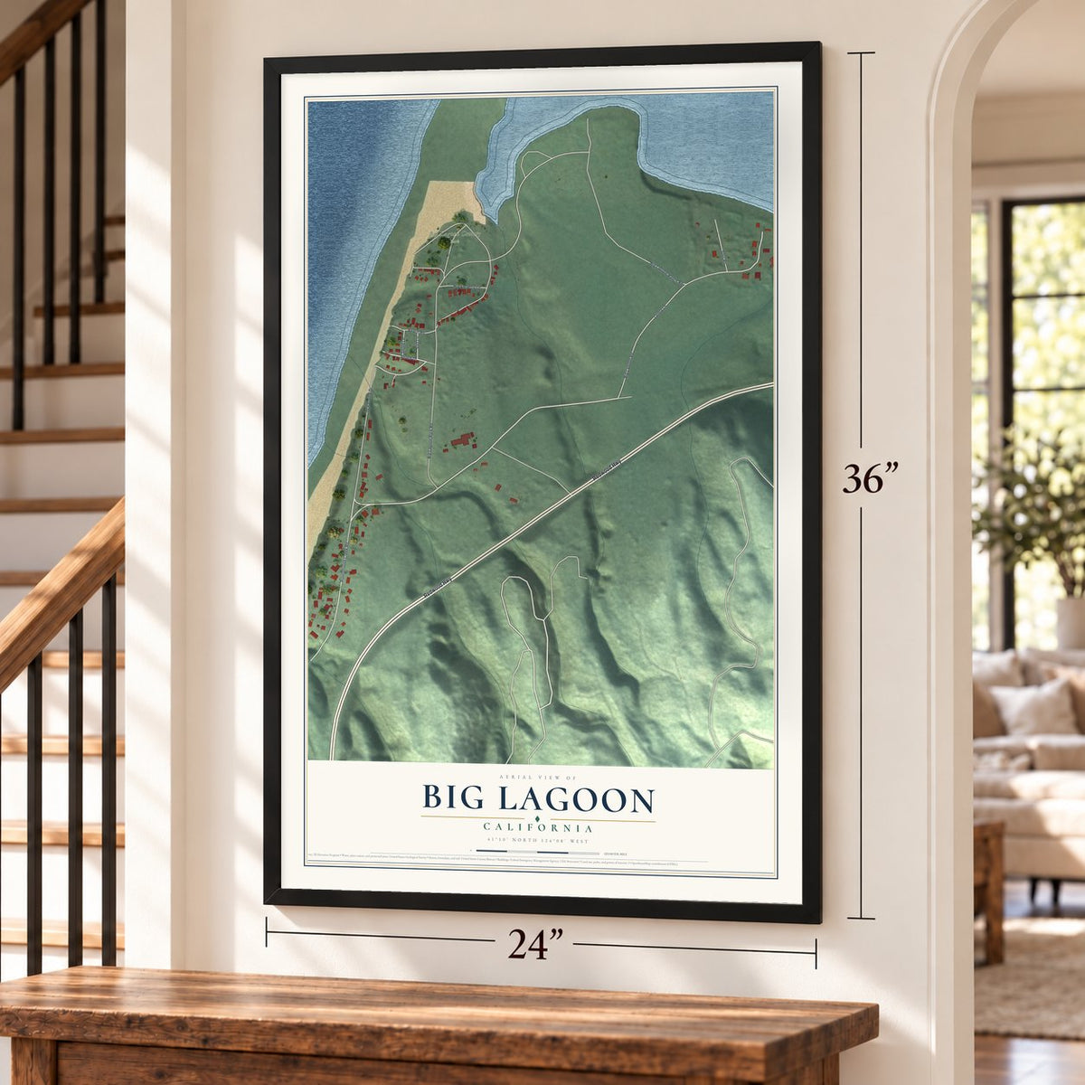 Big Lagoon, California map, 24 x 36 inch print in a black frame by a staircase