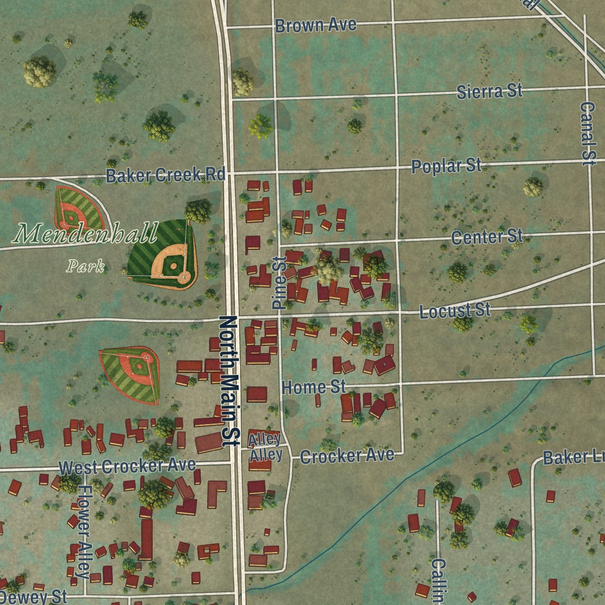 Close-up of the map of Big Pine, California print showing street and building detail