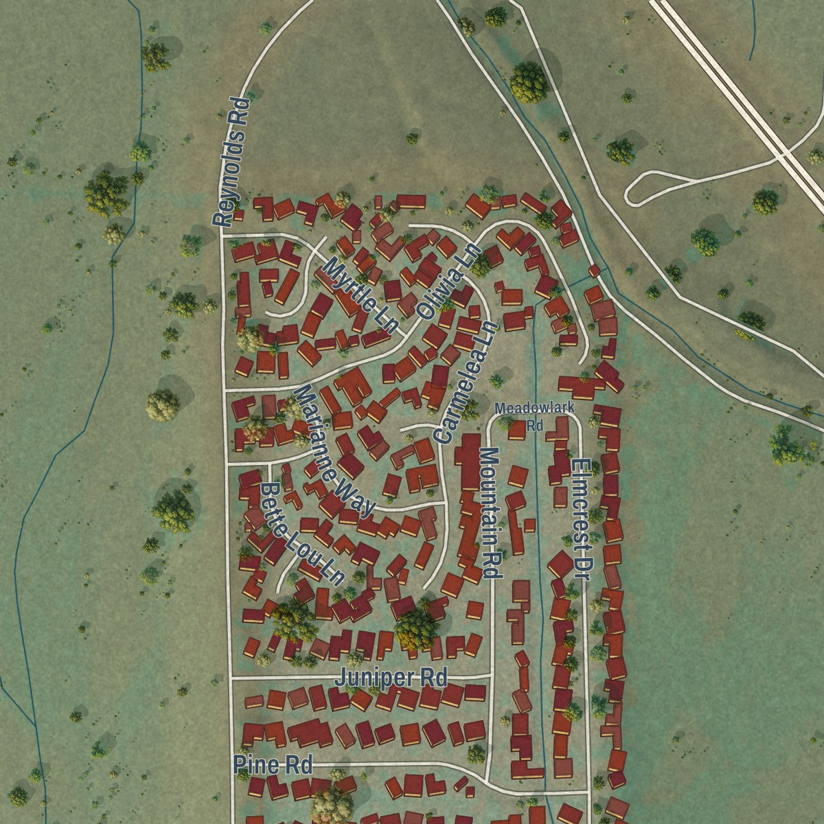 Second close-up of the map of Big Pine, California print showing more streets and buildings