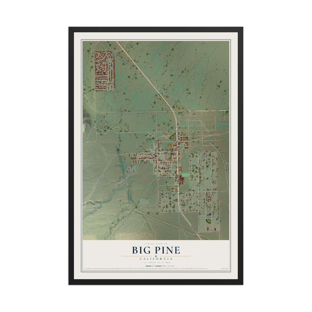 Map of Big Pine, California, 12 x 18 inch print in a black wood frame