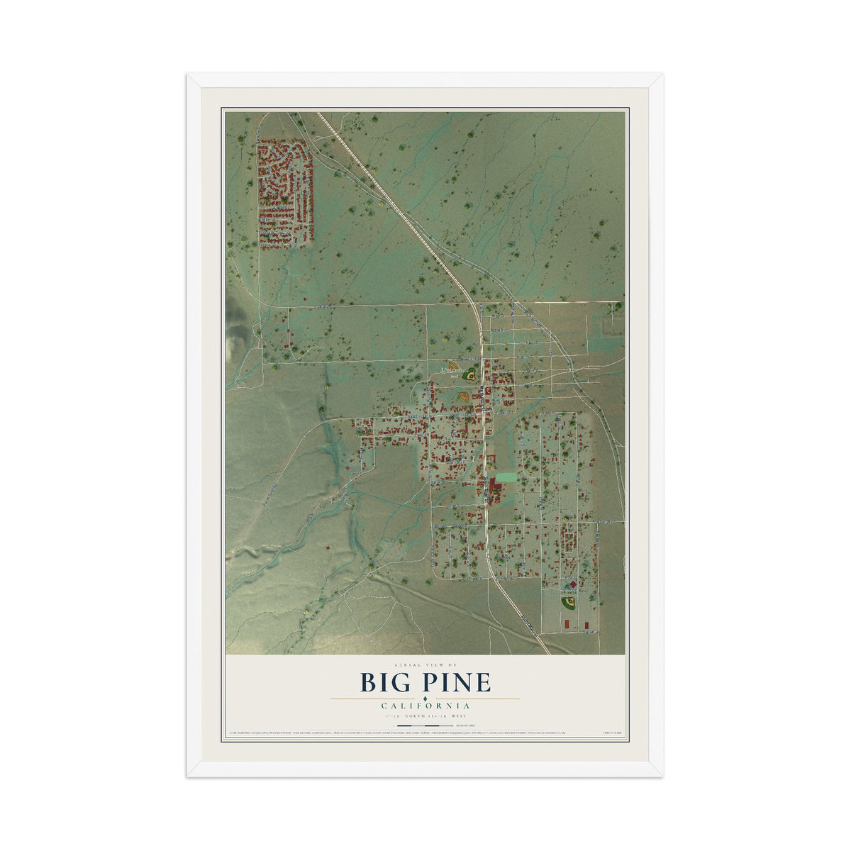 Map of Big Pine, California, 12 x 18 inch print in a white wood frame