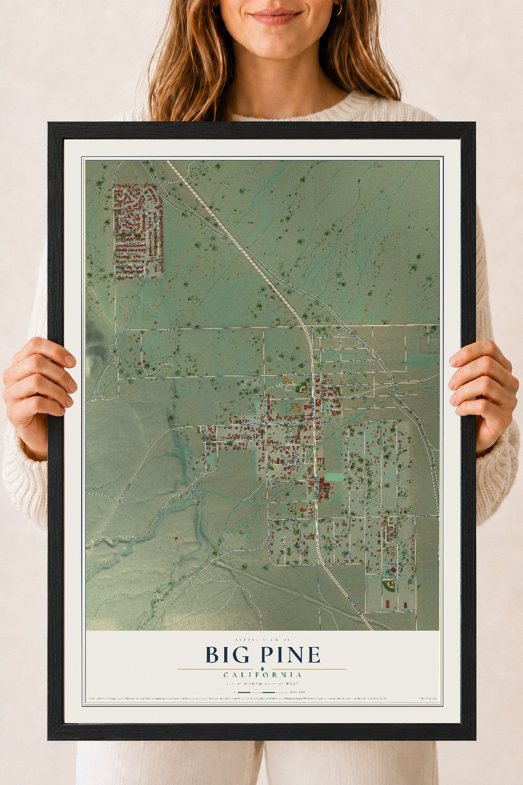 Map of Big Pine, California, 18 x 24 inch print in a black wood frame