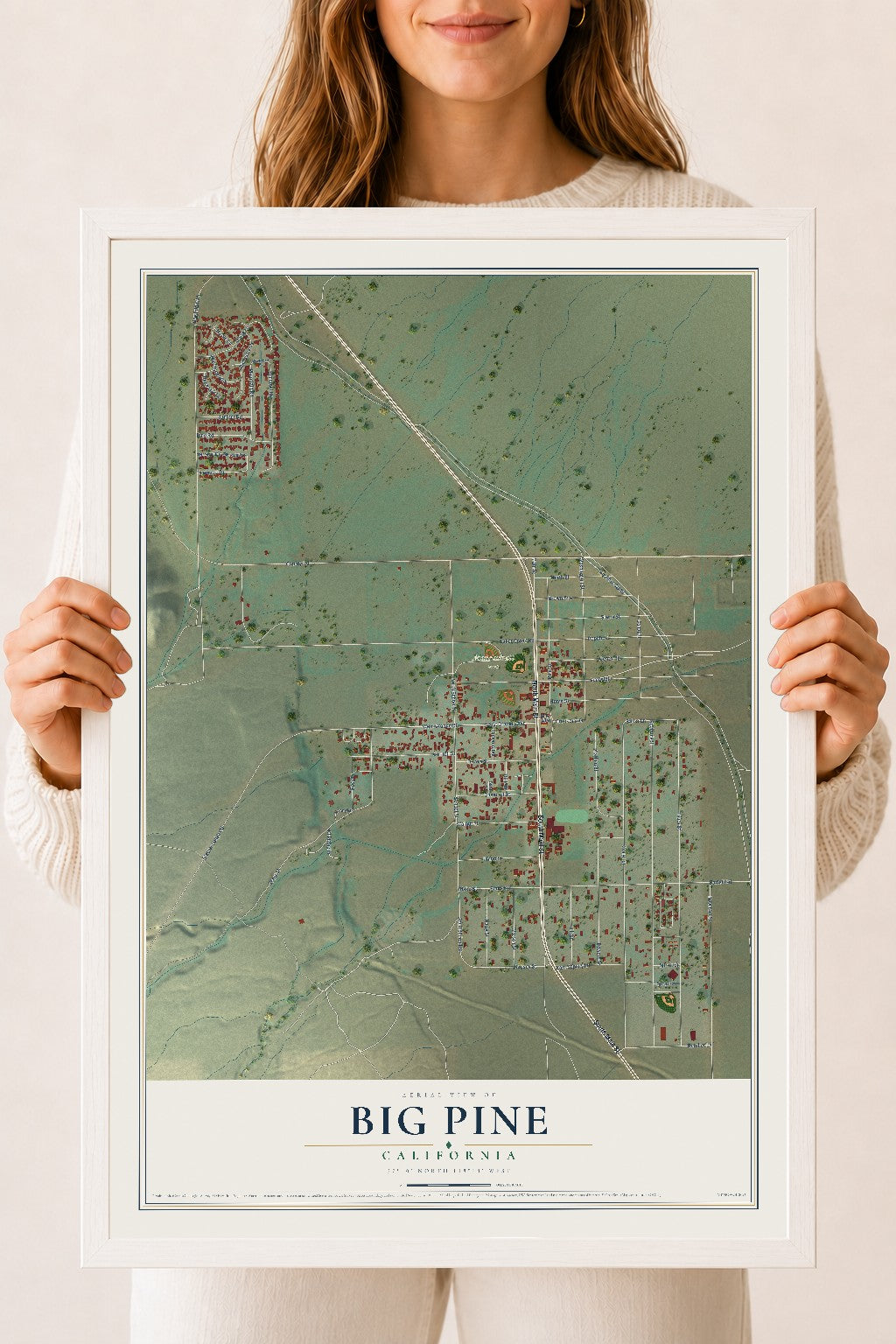 Map of Big Pine, California, 18 x 24 inch print in a white wood frame