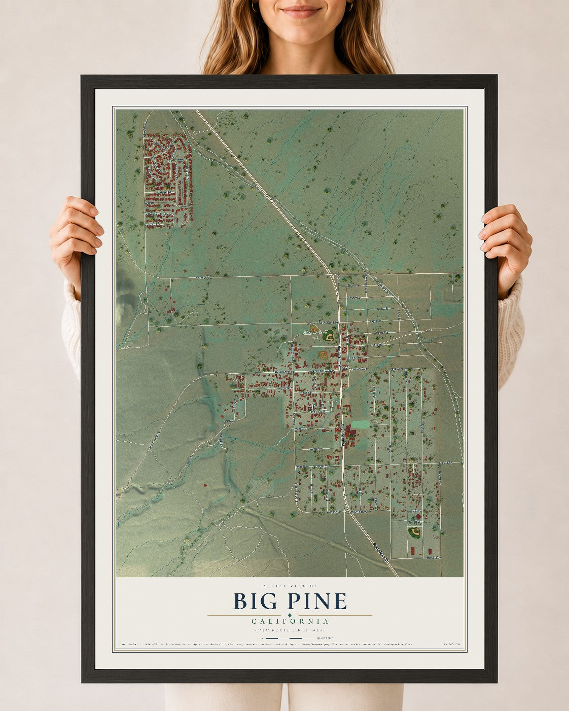 Map of Big Pine, California, 24 x 36 inch print in a black wood frame
