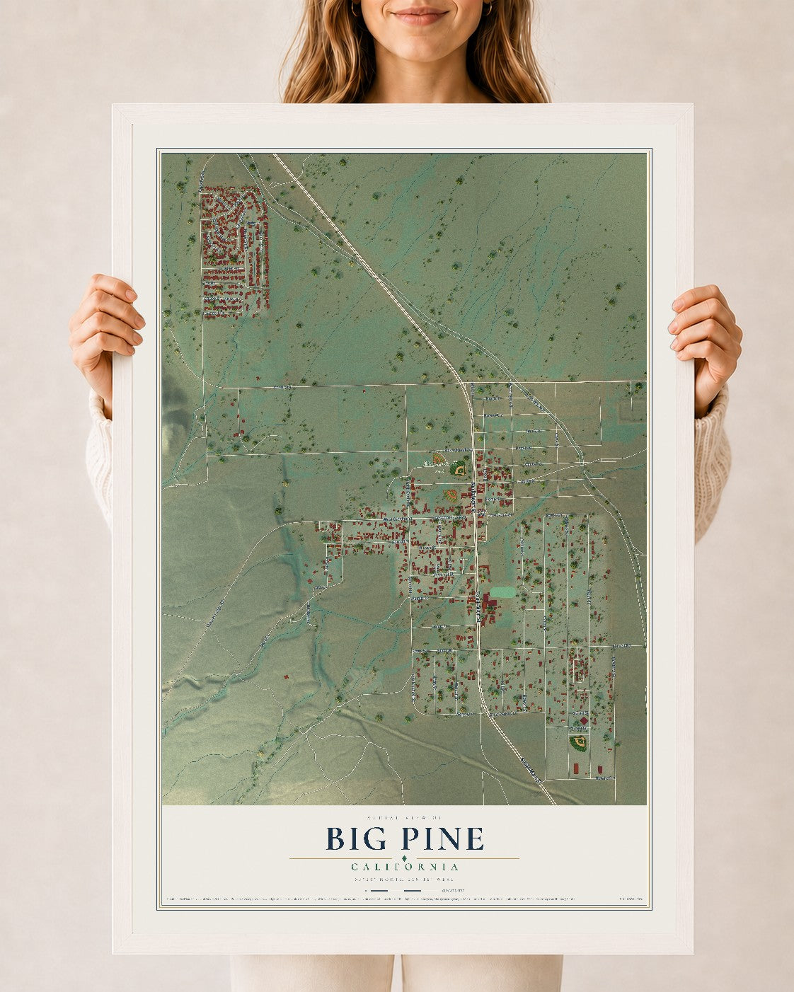 Map of Big Pine, California, 24 x 36 inch print in a white wood frame