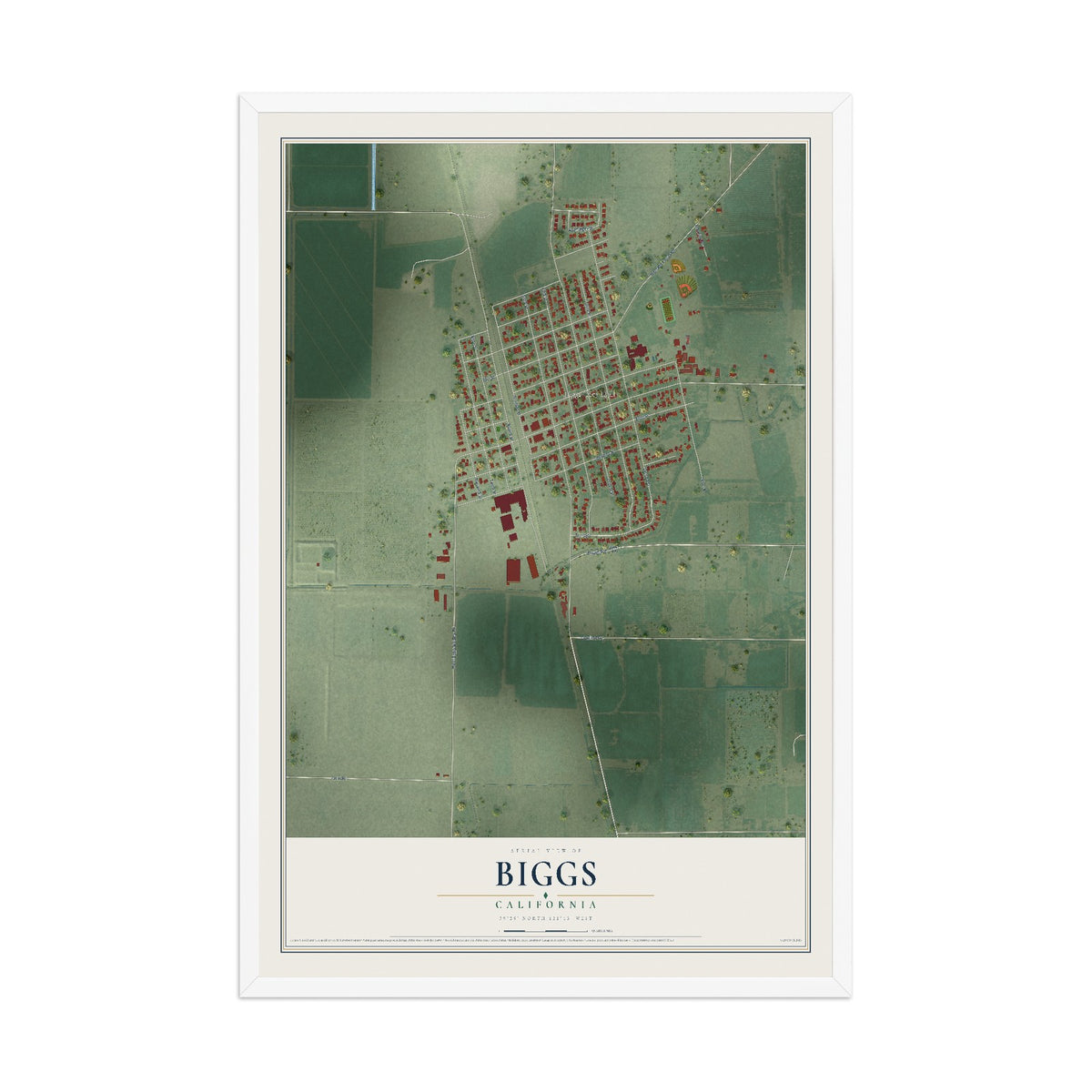Map of Biggs, California, 12 x 18 inch print in a white wood frame