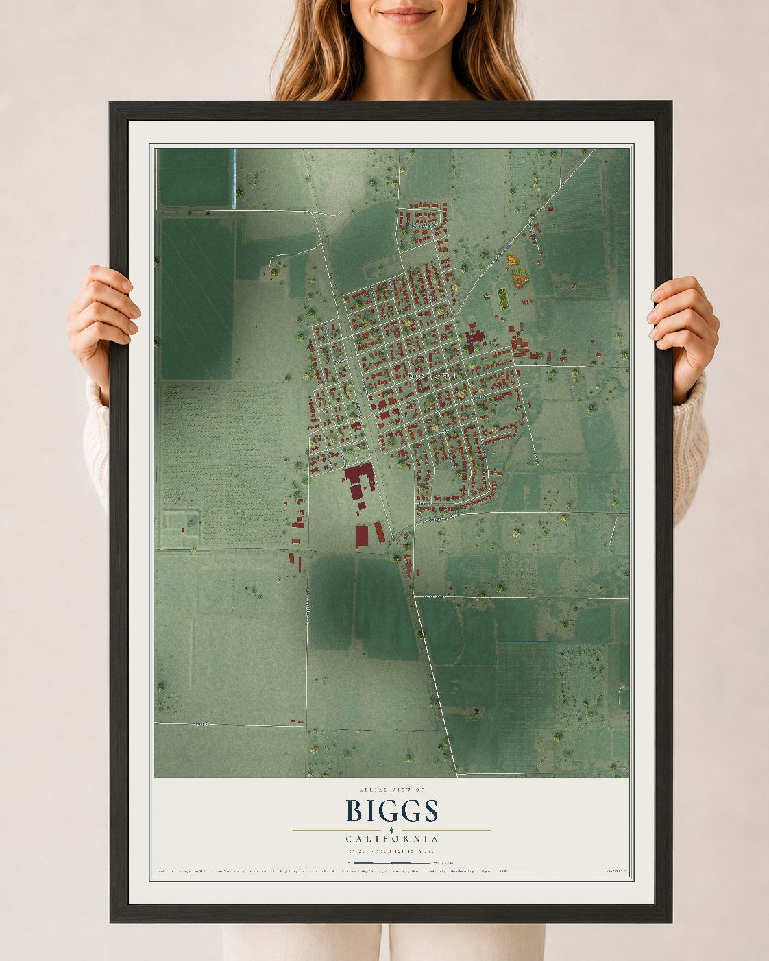 Map of Biggs, California, 24 x 36 inch print in a black wood frame