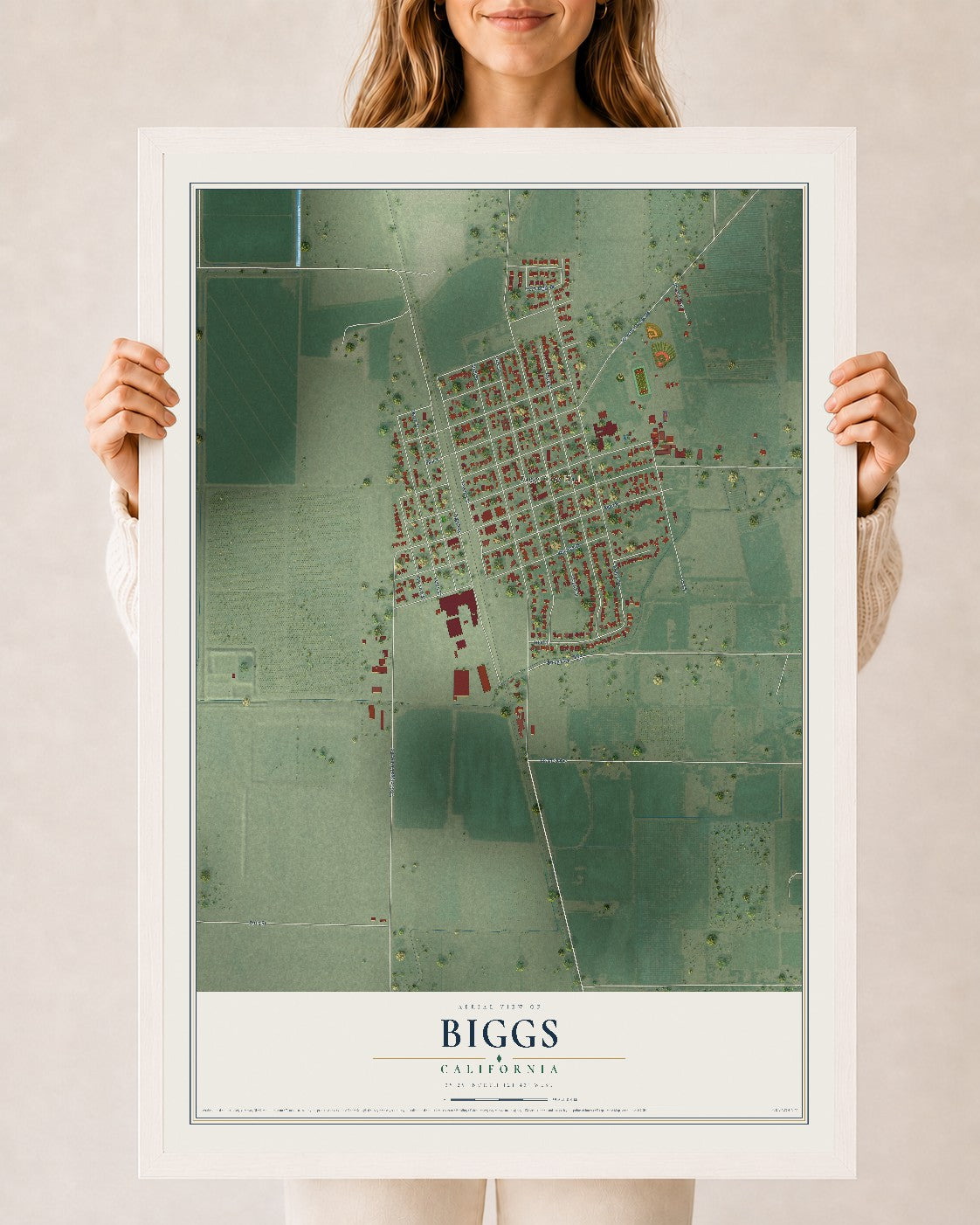 Map of Biggs, California, 24 x 36 inch print in a white wood frame