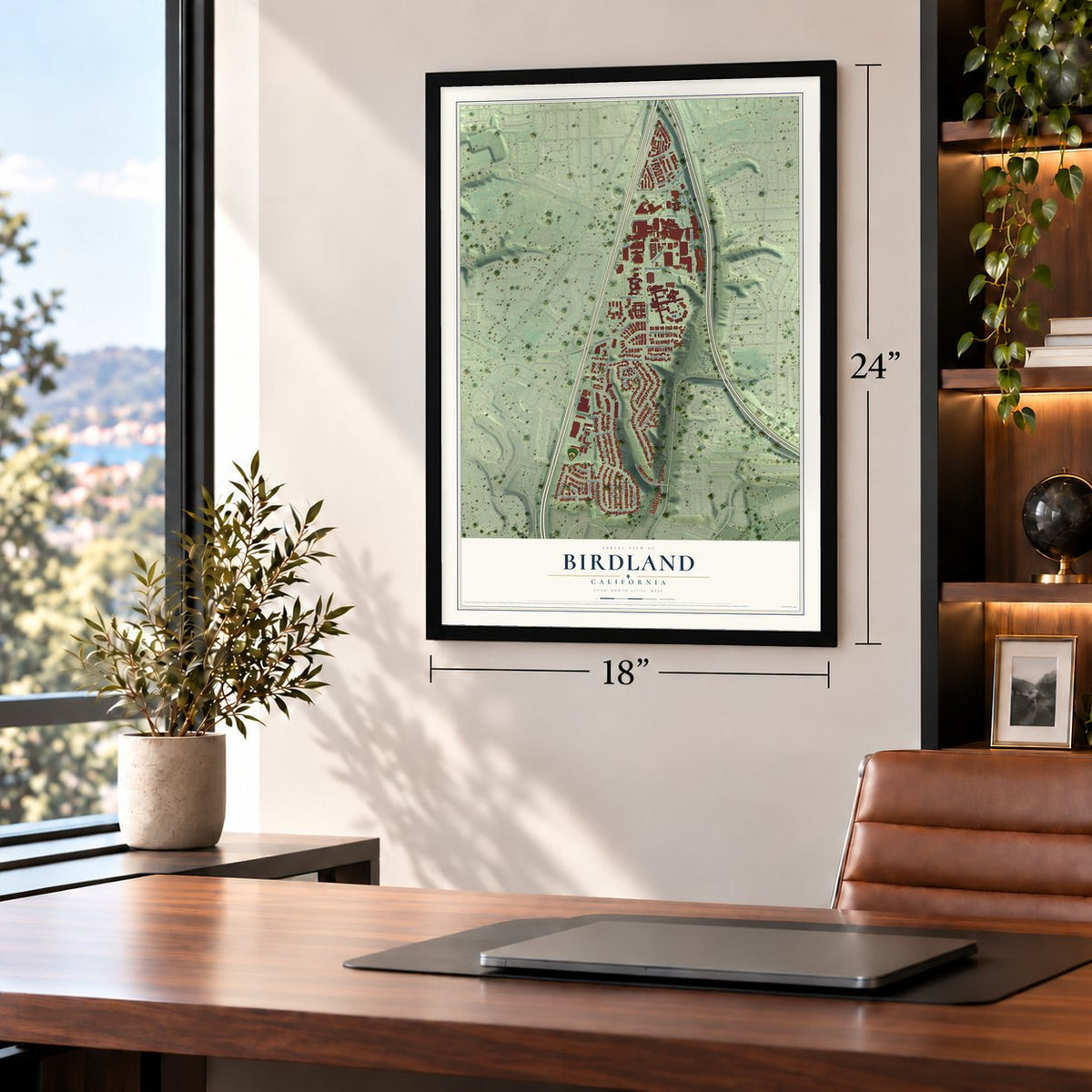 Birdland, California map, 18 x 24 inch print in a black frame in a home office
