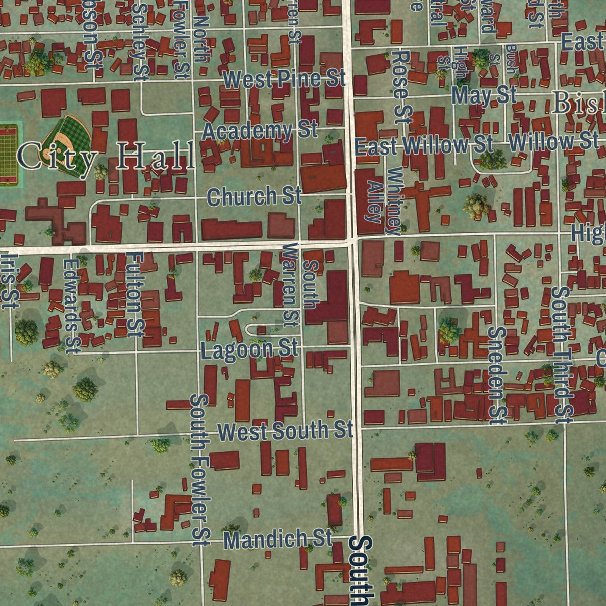 Close-up of the map of Bishop, California print showing street and building detail