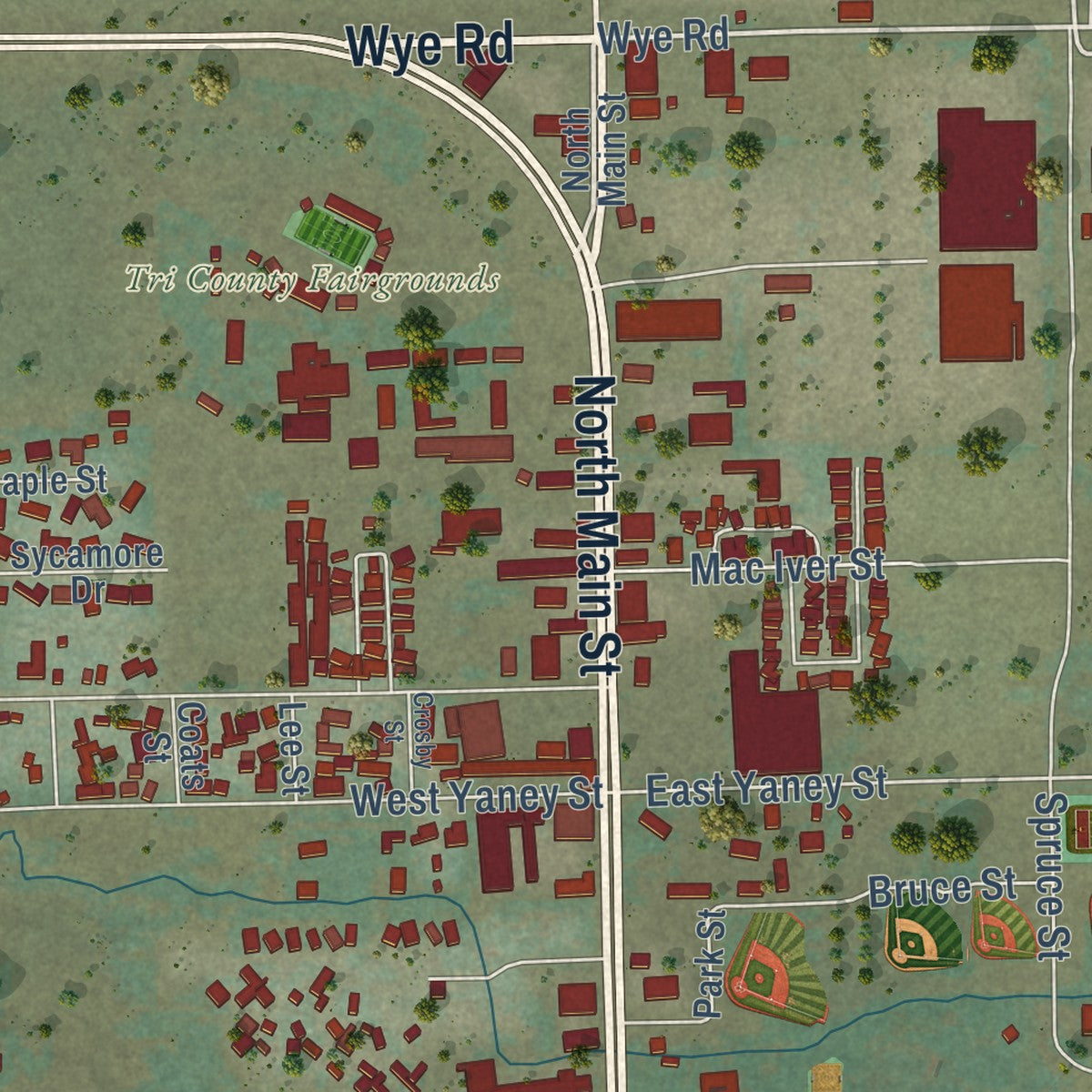 Second close-up of the map of Bishop, California print showing more streets and buildings