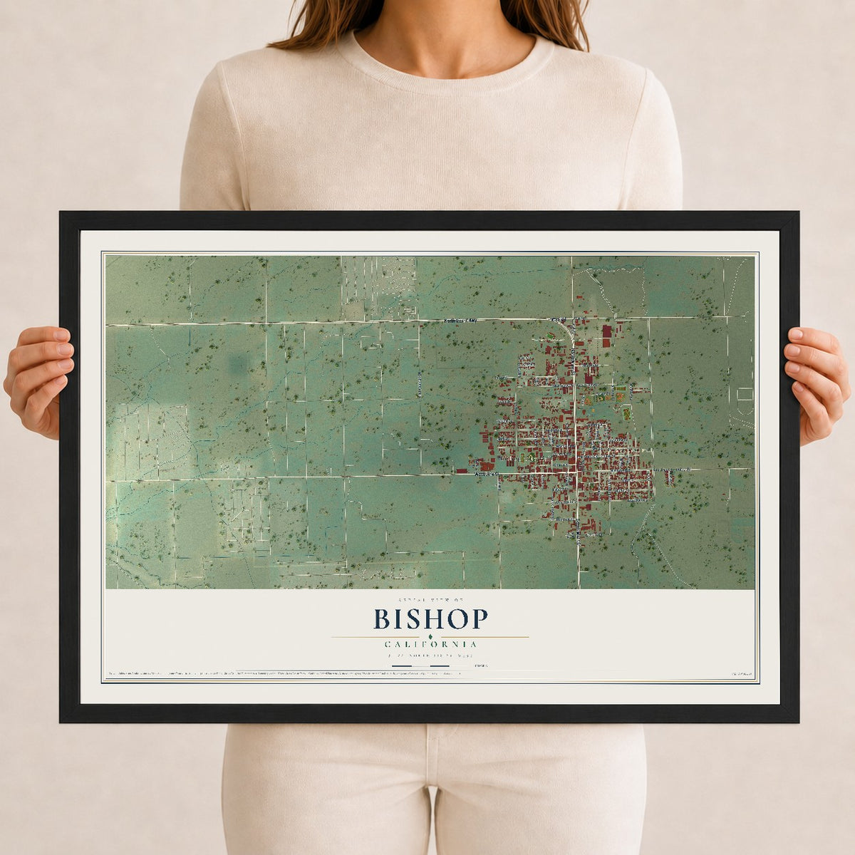 Map of Bishop, California, 12 x 18 inch print in a black wood frame