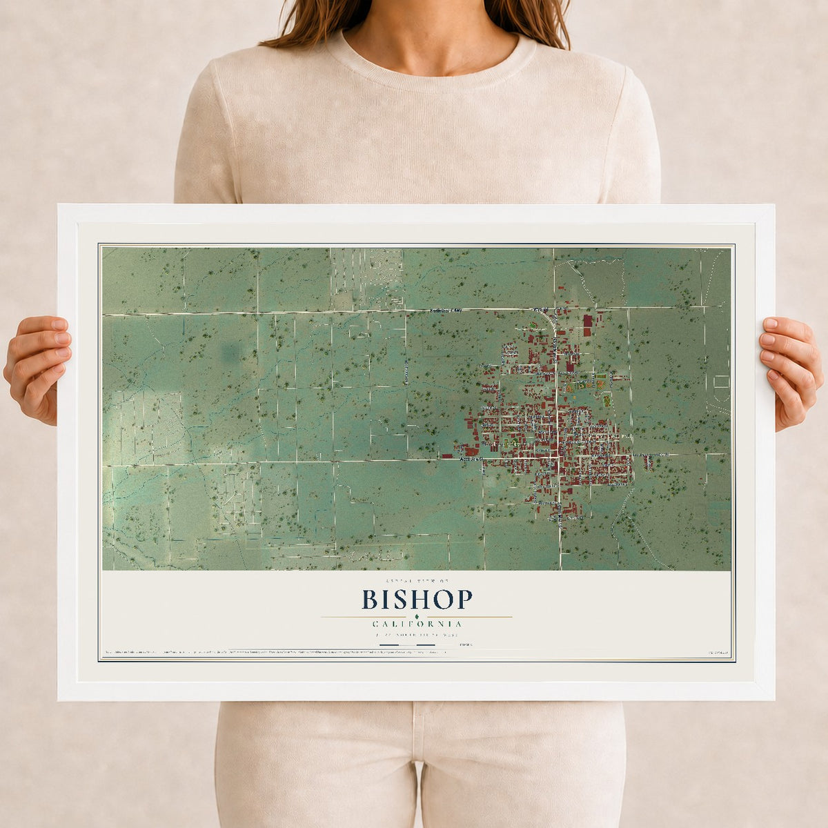 Map of Bishop, California, 12 x 18 inch print in a white wood frame