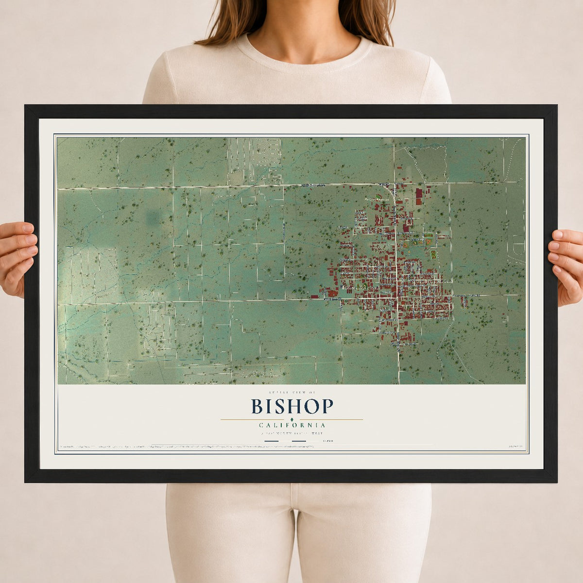 Map of Bishop, California, 18 x 24 inch print in a black wood frame