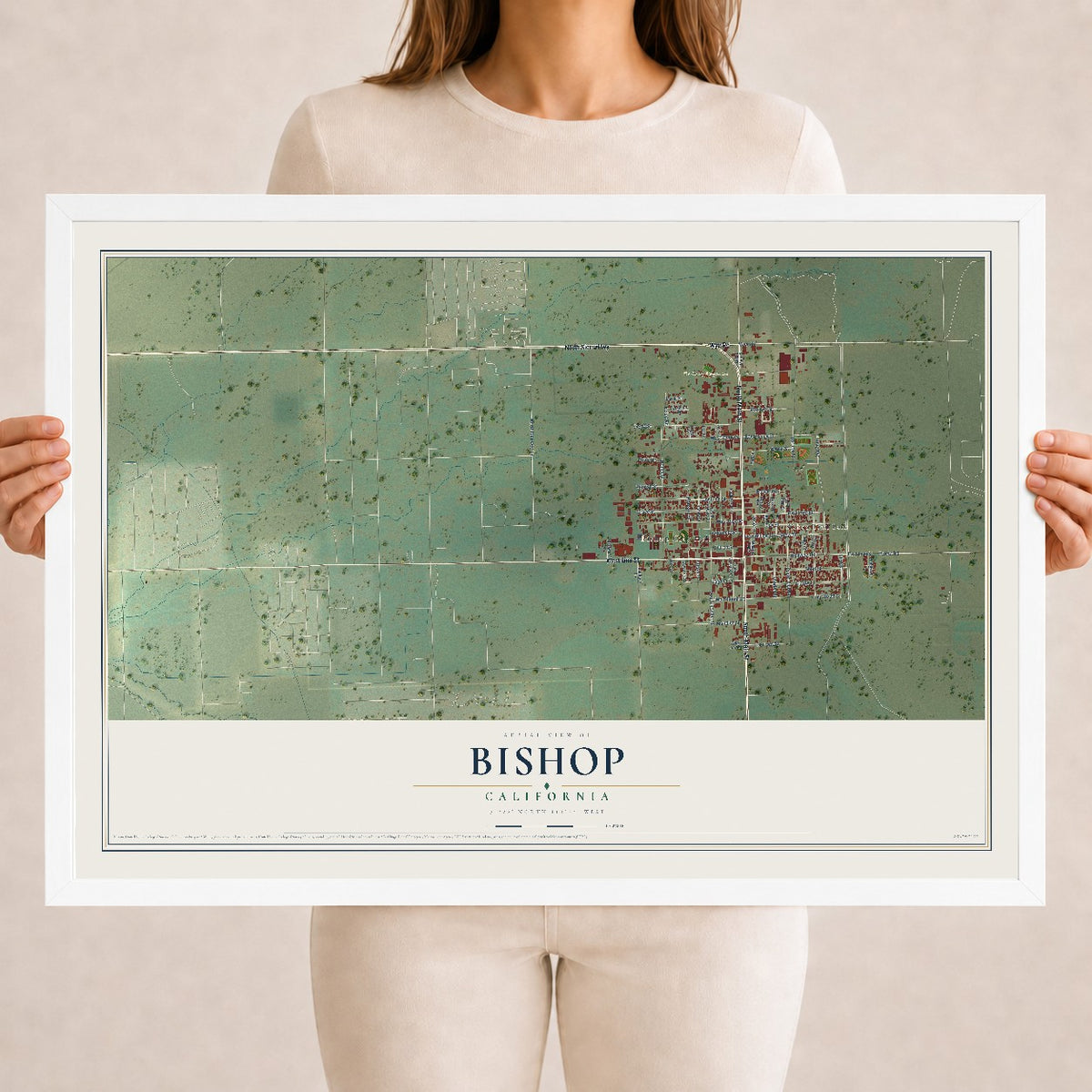 Map of Bishop, California, 18 x 24 inch print in a white wood frame
