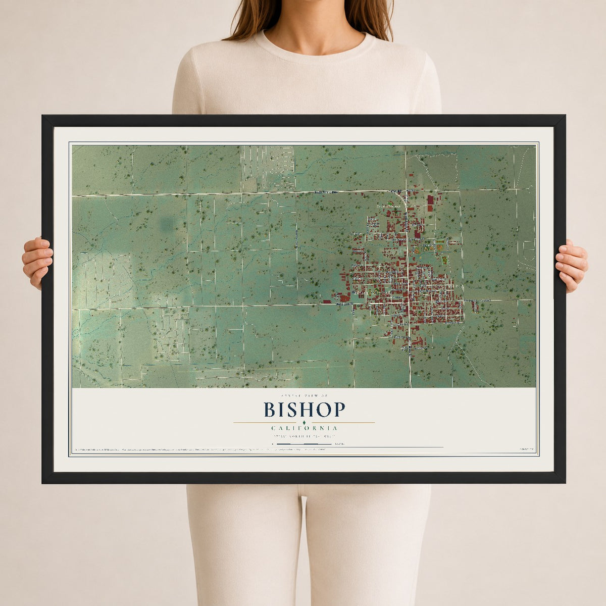 Map of Bishop, California, 24 x 36 inch print in a black wood frame