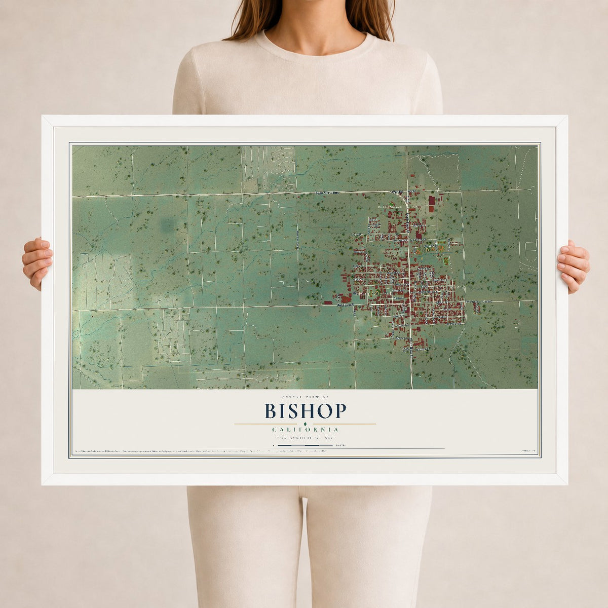 Map of Bishop, California, 24 x 36 inch print in a white wood frame