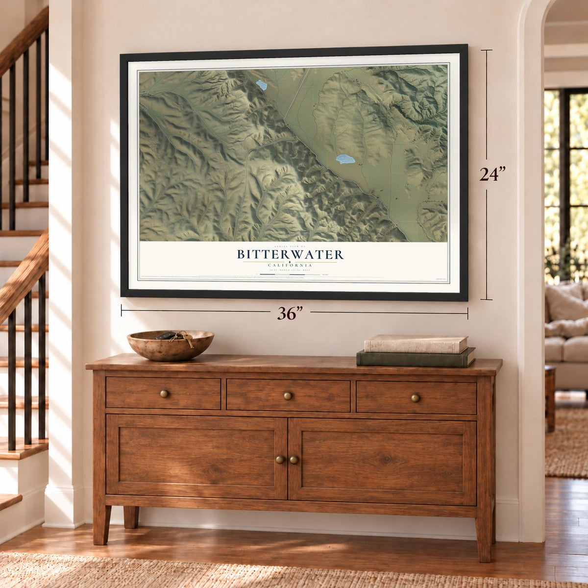 Bitterwater, California map, 24 x 36 inch print in a black frame above a dresser by a staircase