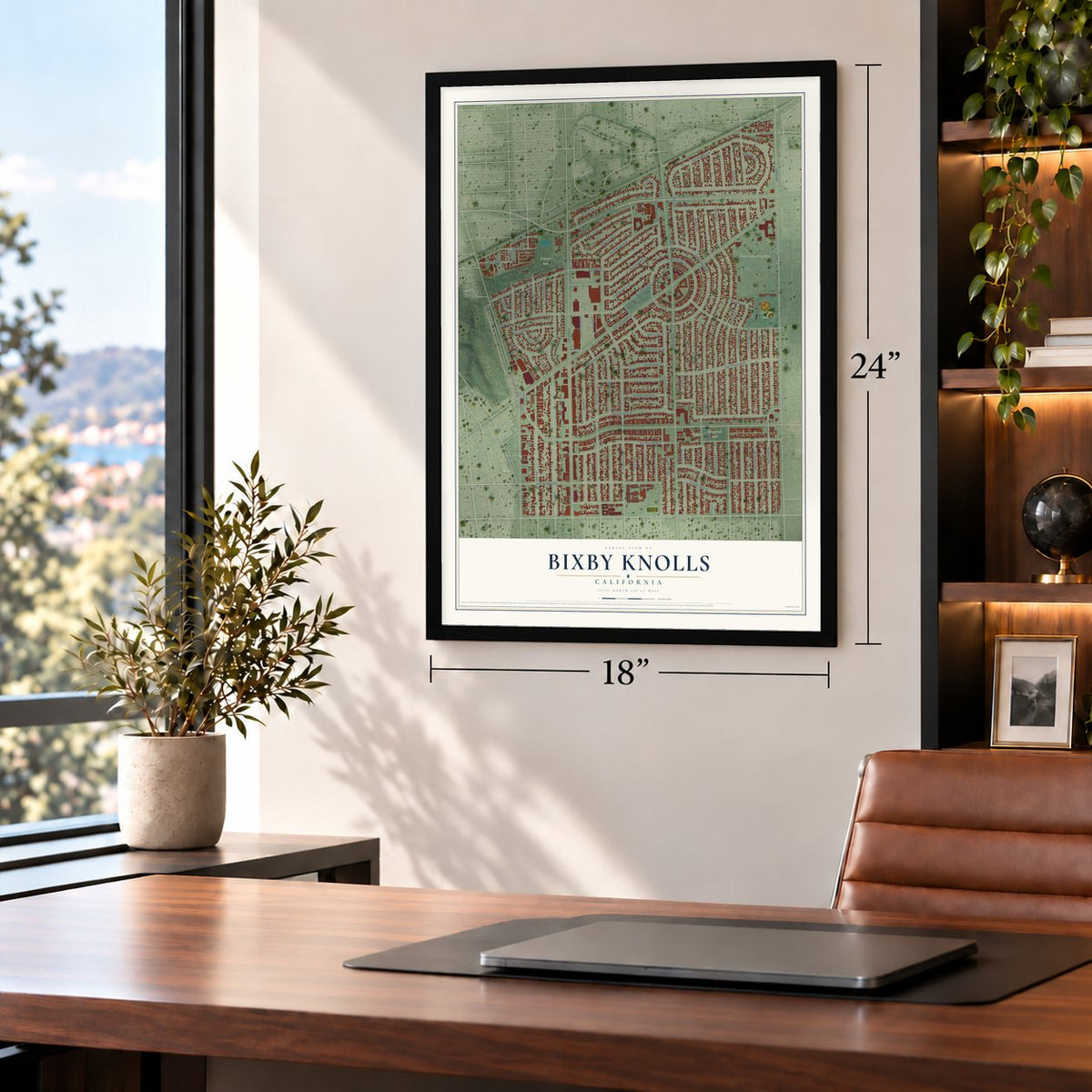 Bixby Knolls, California map, 18 x 24 inch print in a black frame in a home office