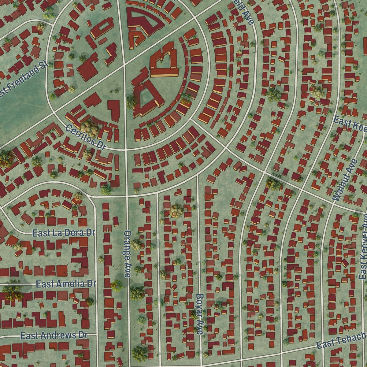 Close-up of the map of Bixby Knolls, California print showing street and building detail