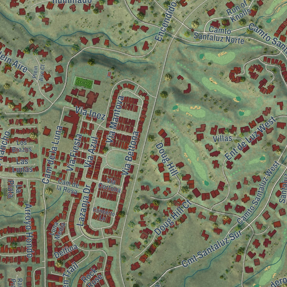 Close-up of the map of Black Mountain Ranch, California print showing street and building detail