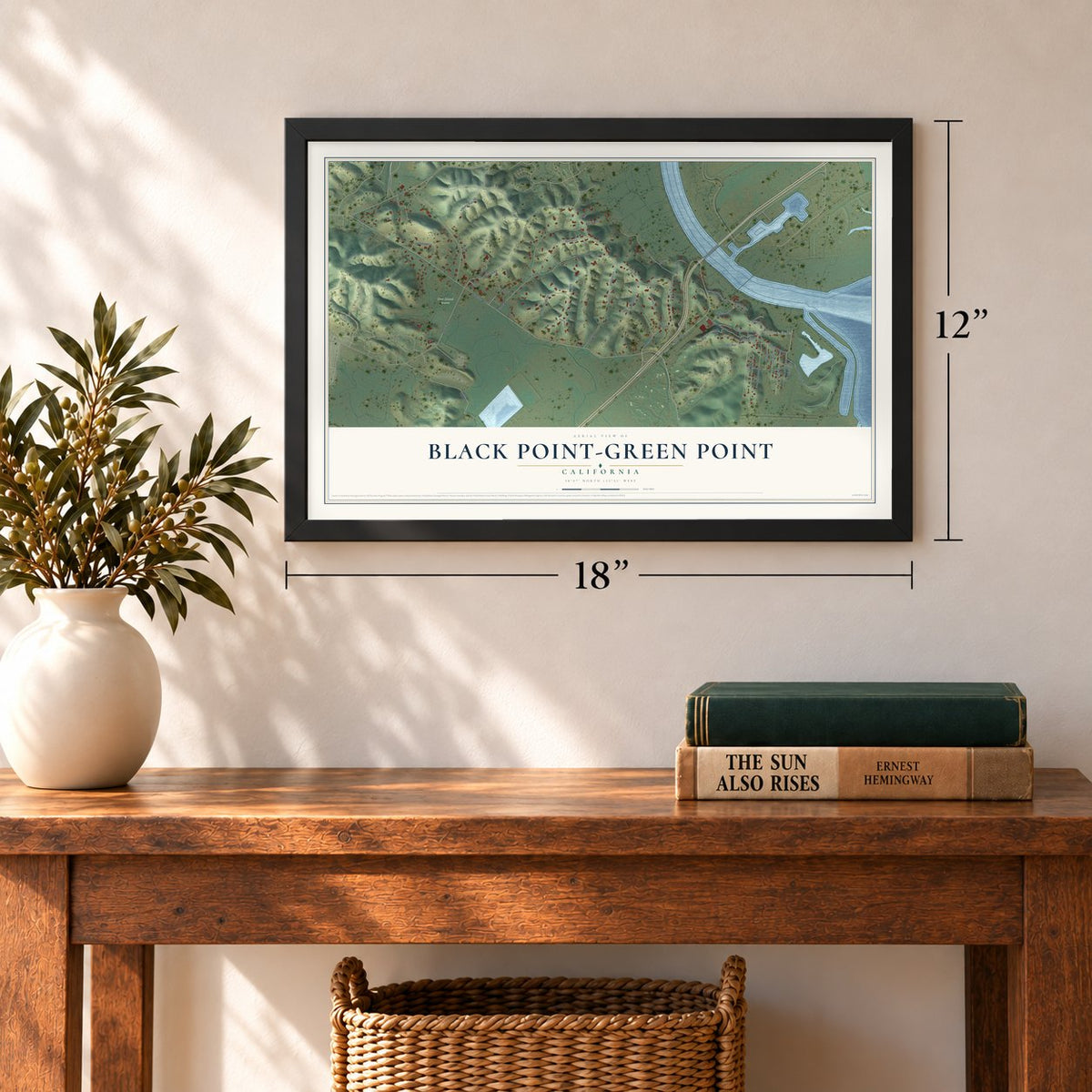 Black Point-Green Point, California map, 12 x 18 inch print in a black frame in an entryway