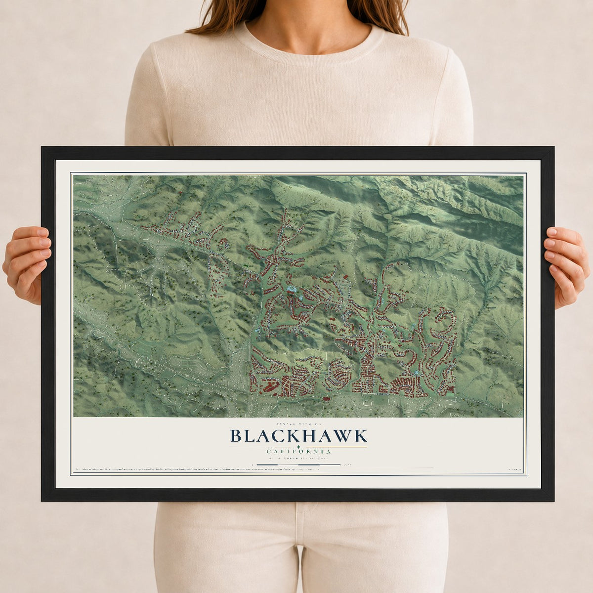 Map of Blackhawk, California, 12 x 18 inch print in a black wood frame