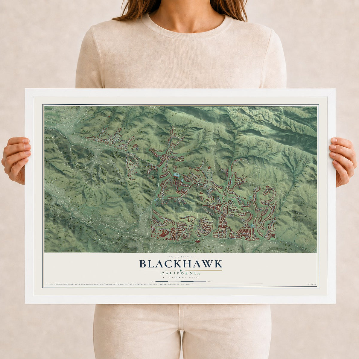 Map of Blackhawk, California, 12 x 18 inch print in a white wood frame
