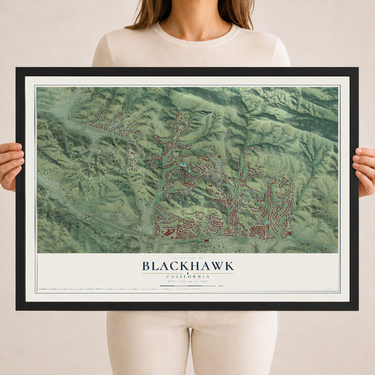 Map of Blackhawk, California, 18 x 24 inch print in a black wood frame