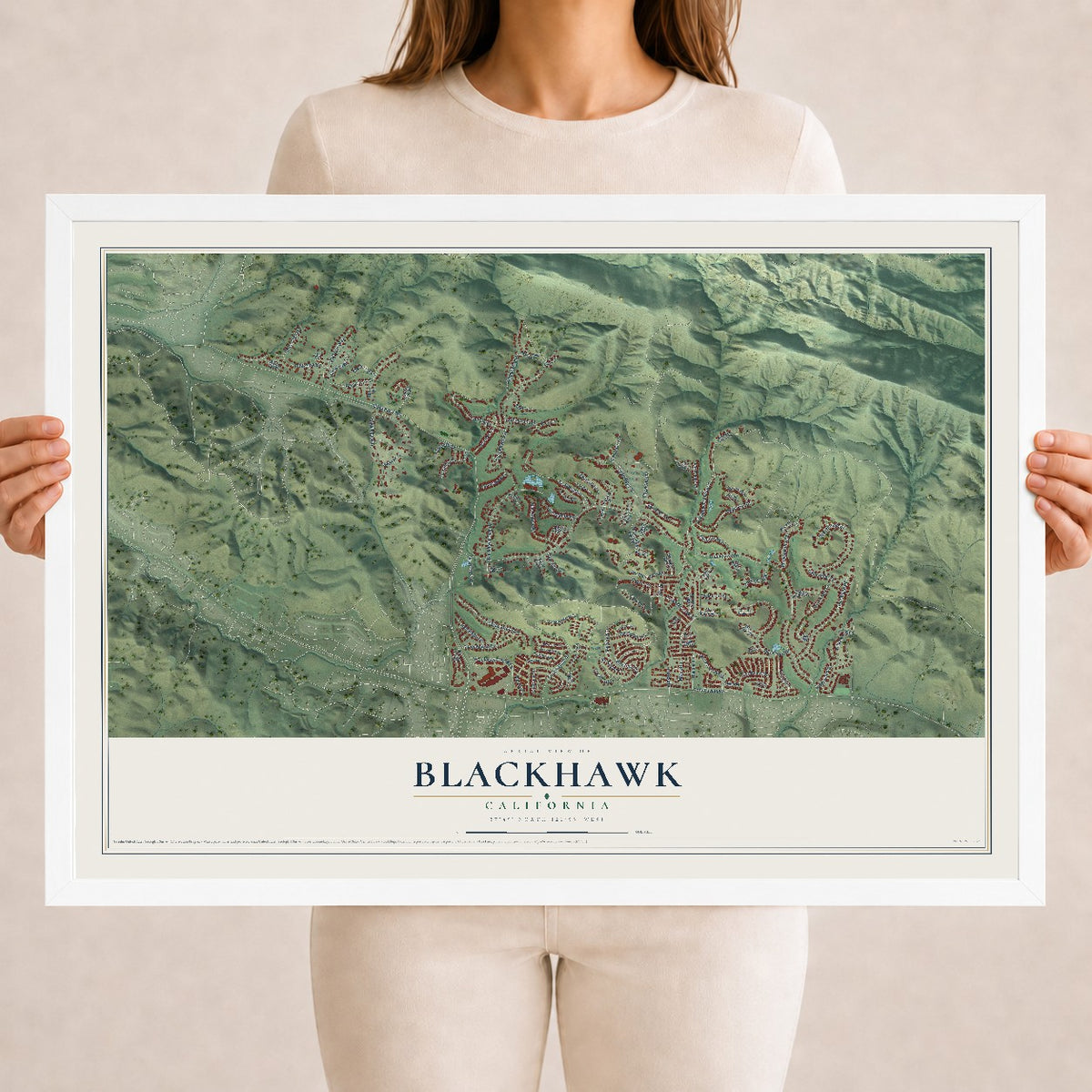Map of Blackhawk, California, 18 x 24 inch print in a white wood frame
