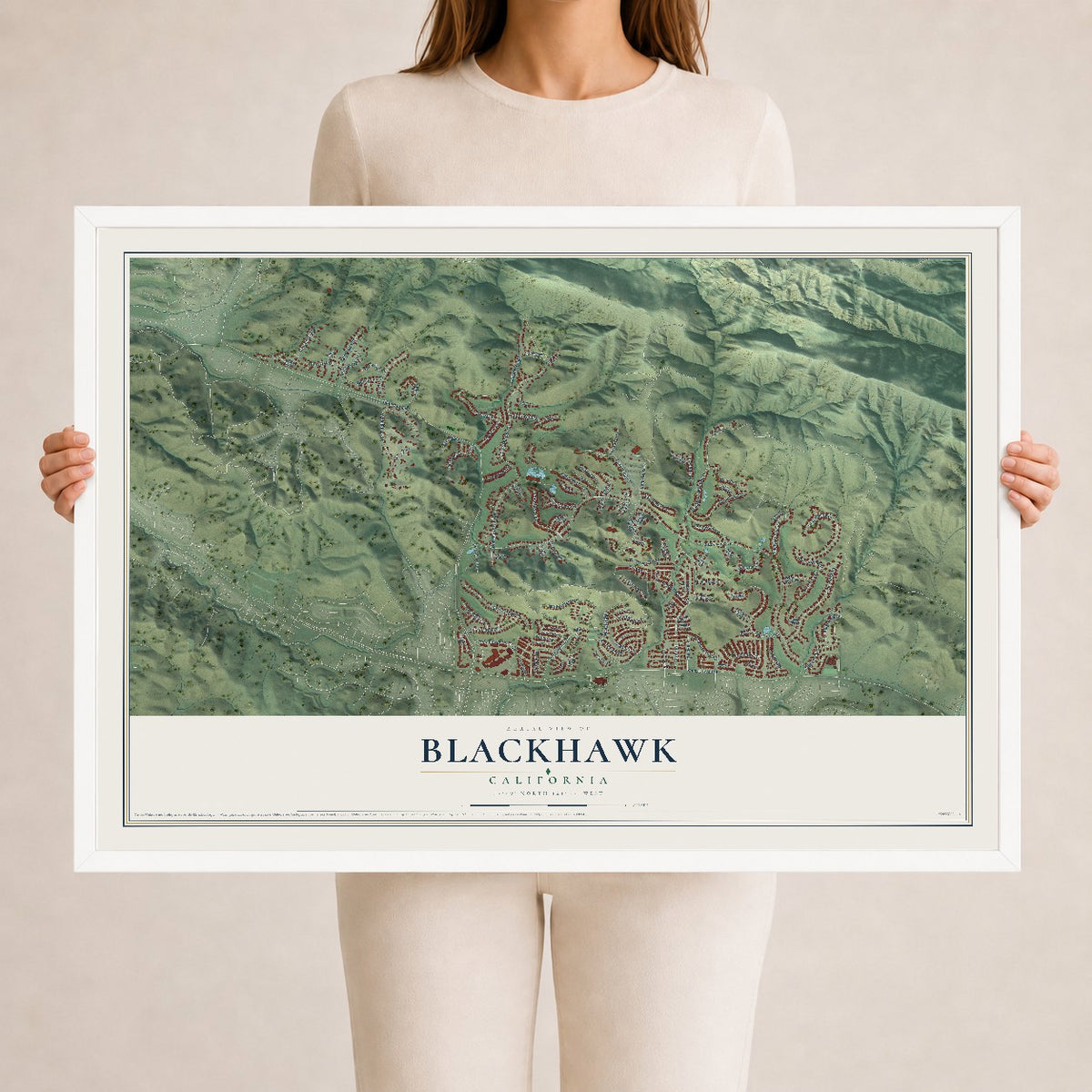 Map of Blackhawk, California, 24 x 36 inch print in a white wood frame