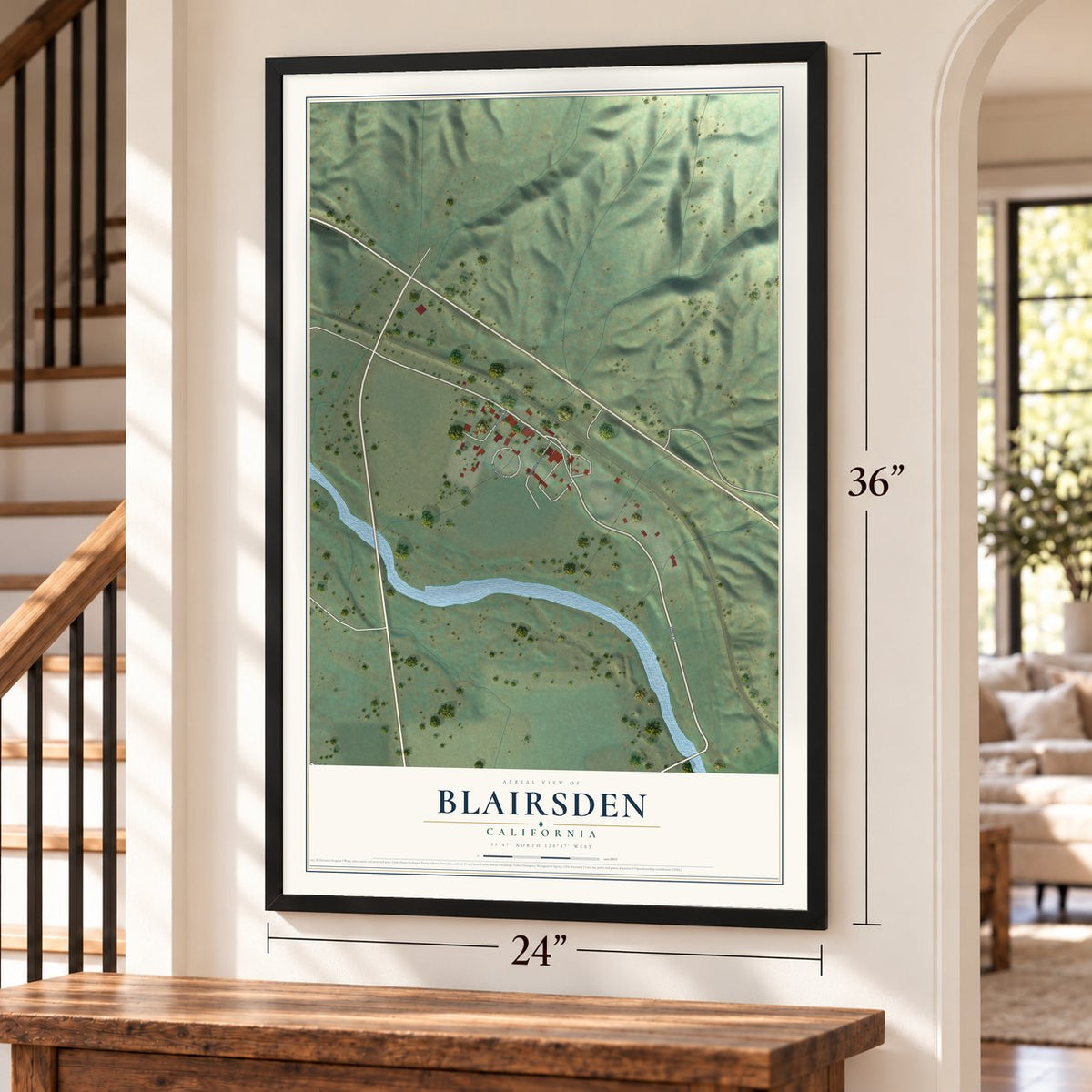 Blairsden, California map, 24 x 36 inch print in a black frame by a staircase