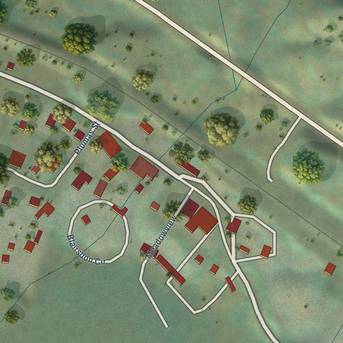 Close-up of the map of Blairsden, California print showing street and building detail