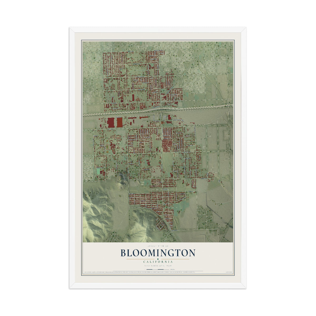 Map of Bloomington, California, 12 x 18 inch print in a white wood frame