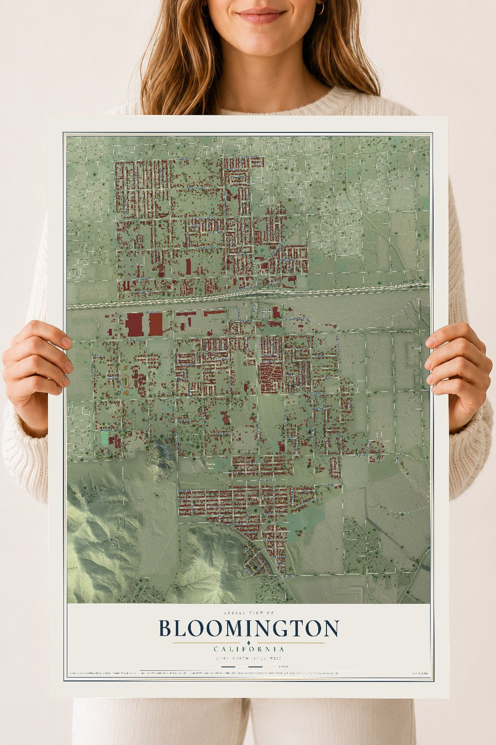 Map of Bloomington, California, 18 x 24 inch unframed archival matte print
