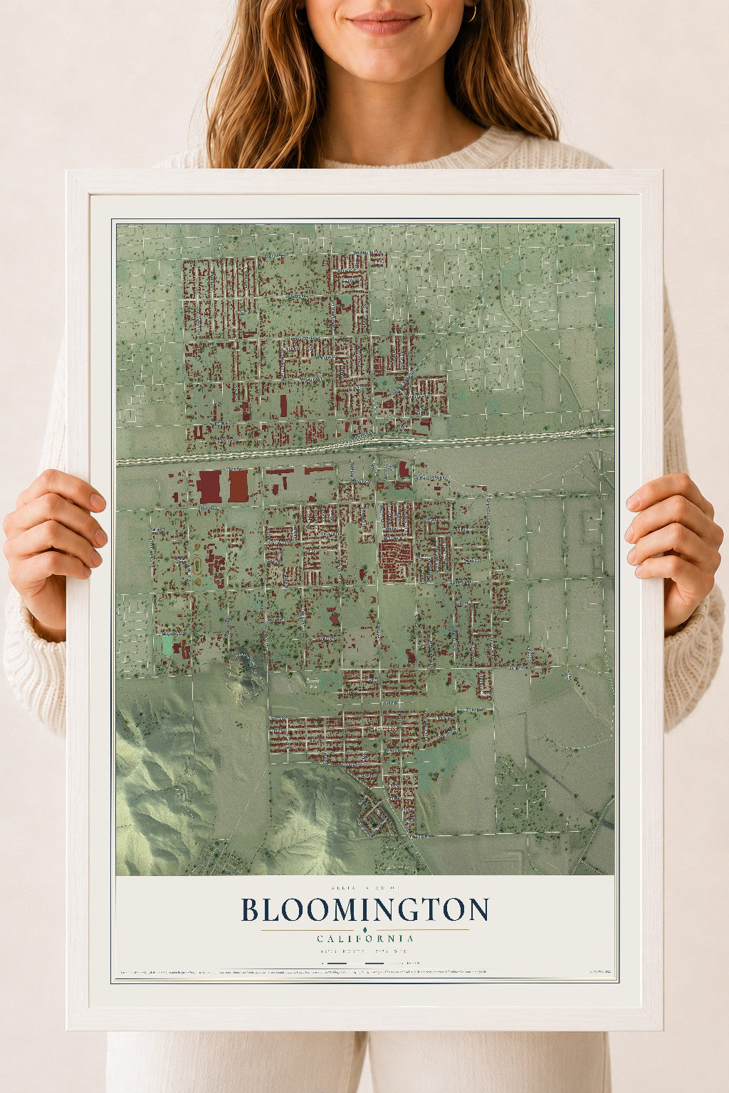 Map of Bloomington, California, 18 x 24 inch print in a white wood frame