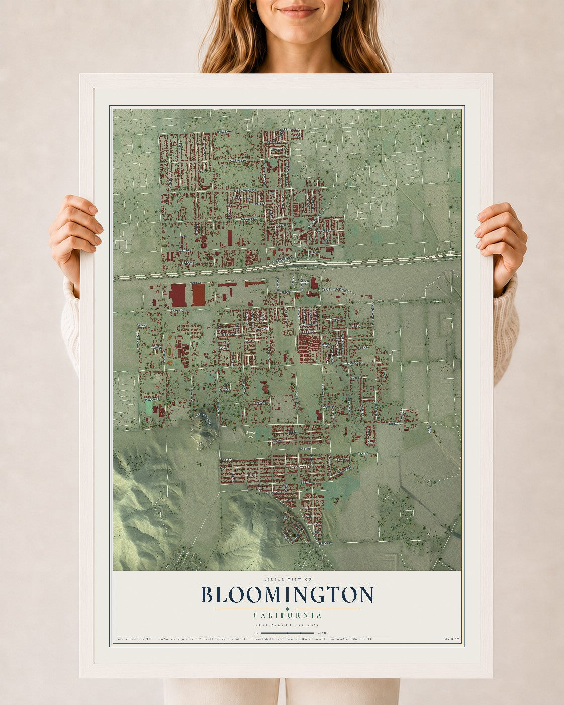 Map of Bloomington, California, 24 x 36 inch print in a white wood frame