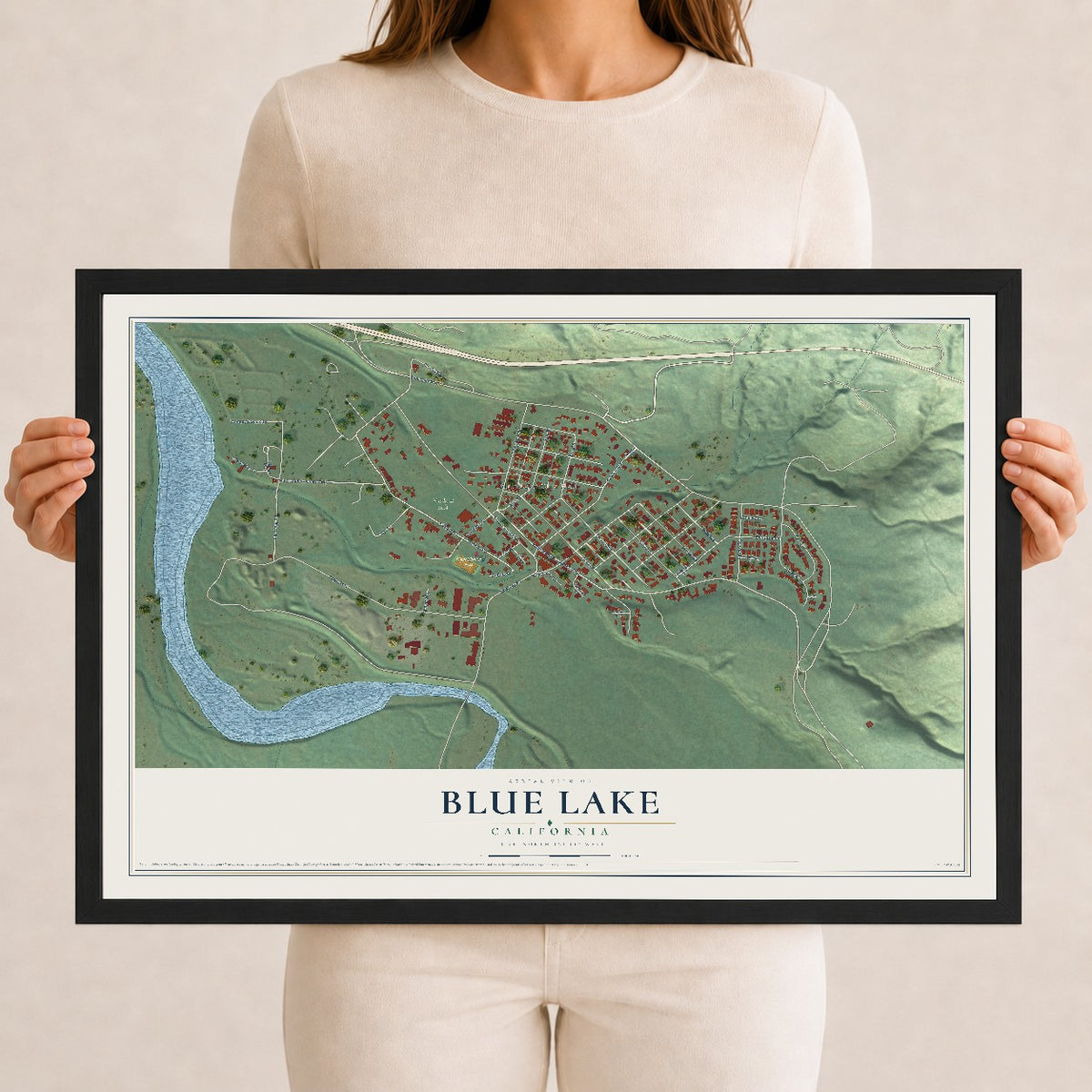 Map of Blue Lake, California, 12 x 18 inch print in a black wood frame