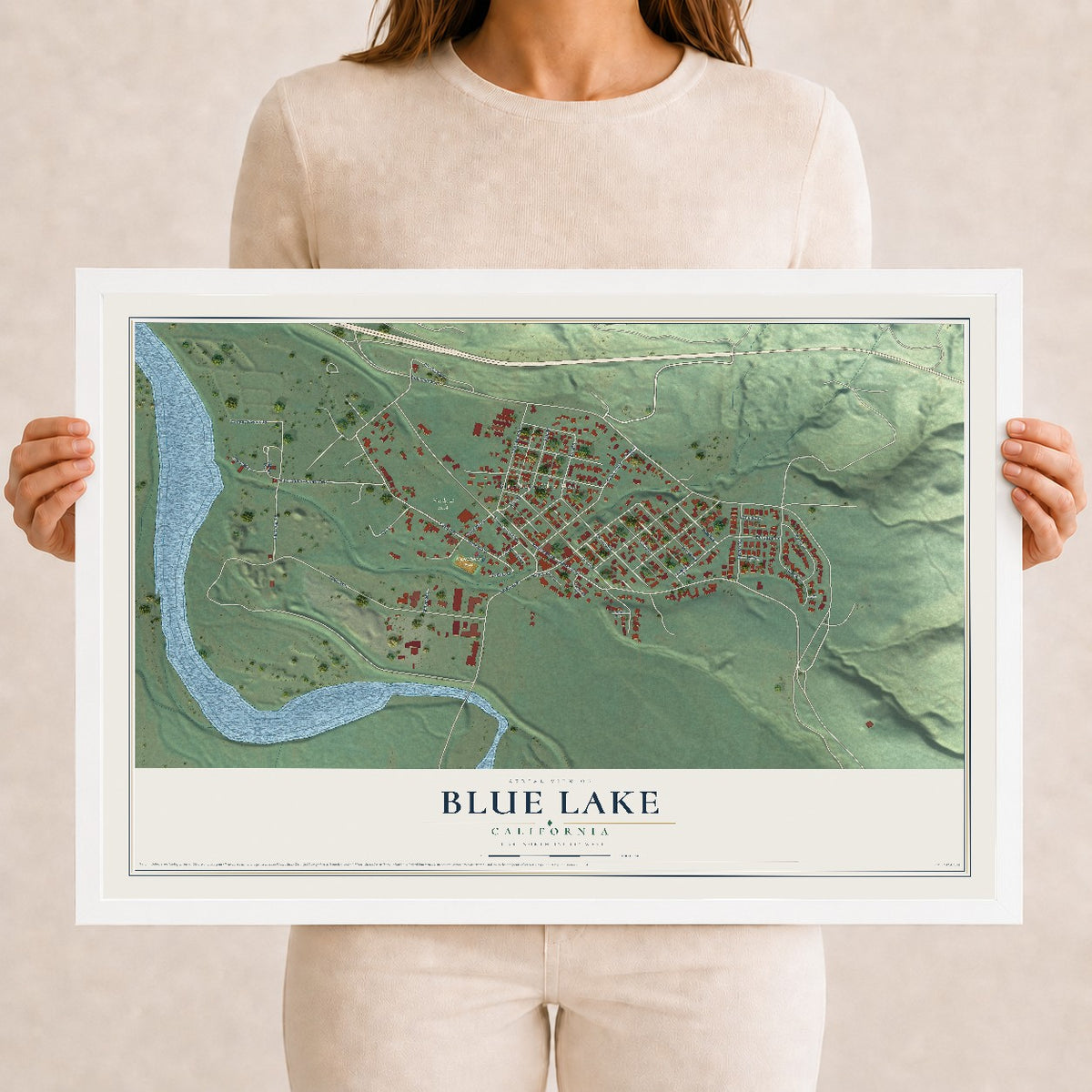 Map of Blue Lake, California, 12 x 18 inch print in a white wood frame